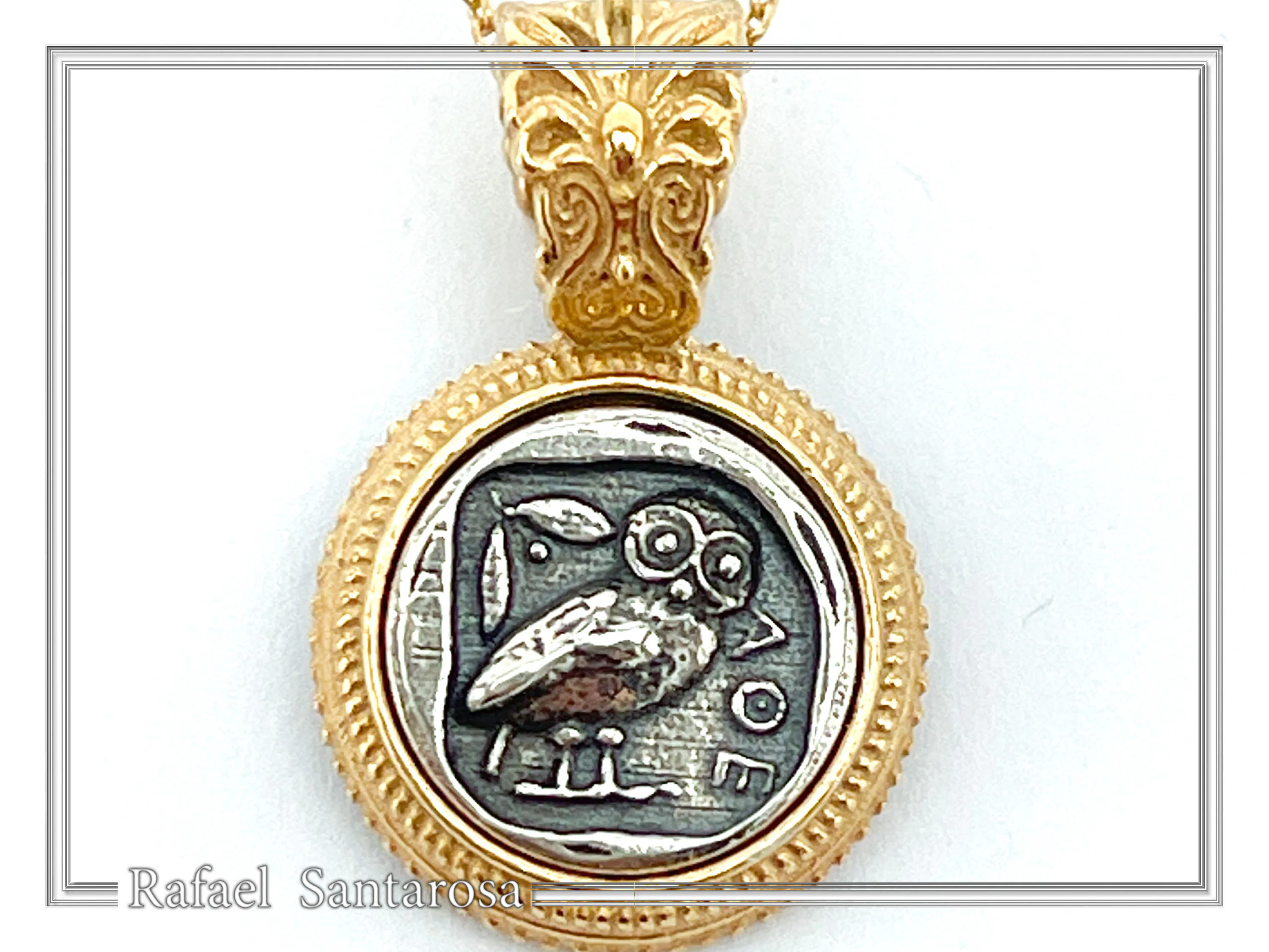 Athena Owl Tetradrachm Coin Antefix Pendant: Sterling Silver oxidised on 18K Gold-Filled Filigree Base — additional product image 3 from Rafael Santarosa Fine Jewelry