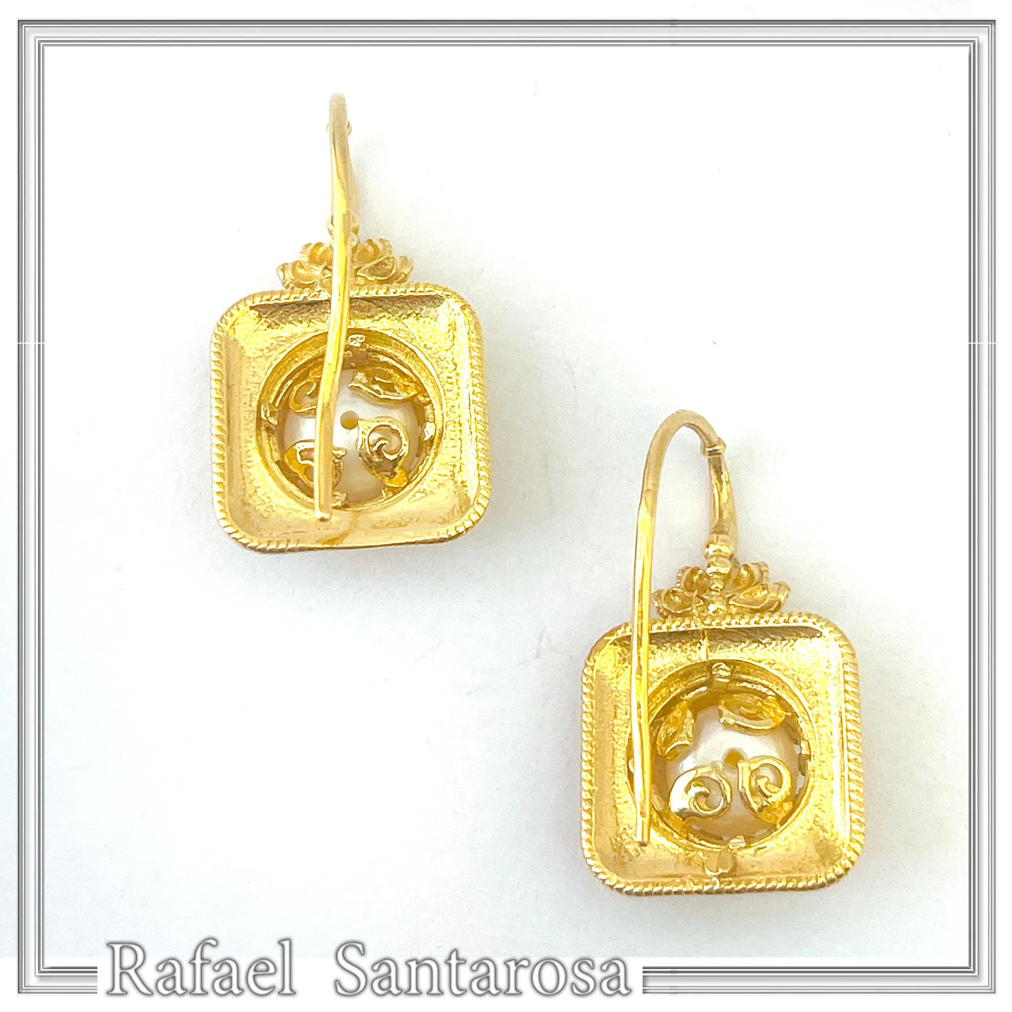Ancient Greek Pearl Earrings: Sterling Silver 18K Gold-Filled Filigree Byzantine way Decoration — additional product image 8 from Rafael Santarosa Fine Jewelry