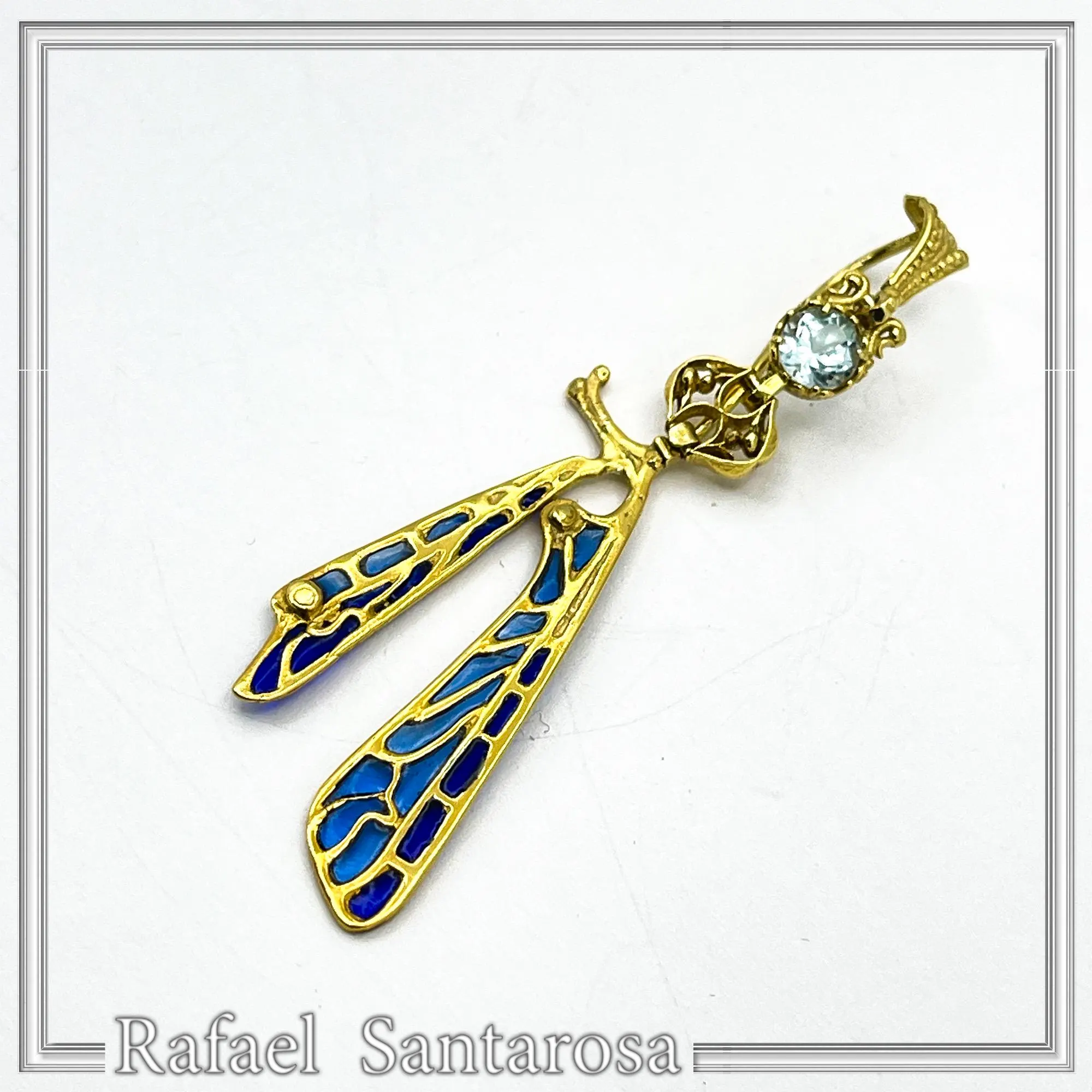 Art Nouveau Dragonfly feather Sterling Silver Earrings Gold Filled Blue Enamel Sky Blue Topaz Handmade Jewelry — additional product image 4 from Rafael Santarosa Fine Jewelry