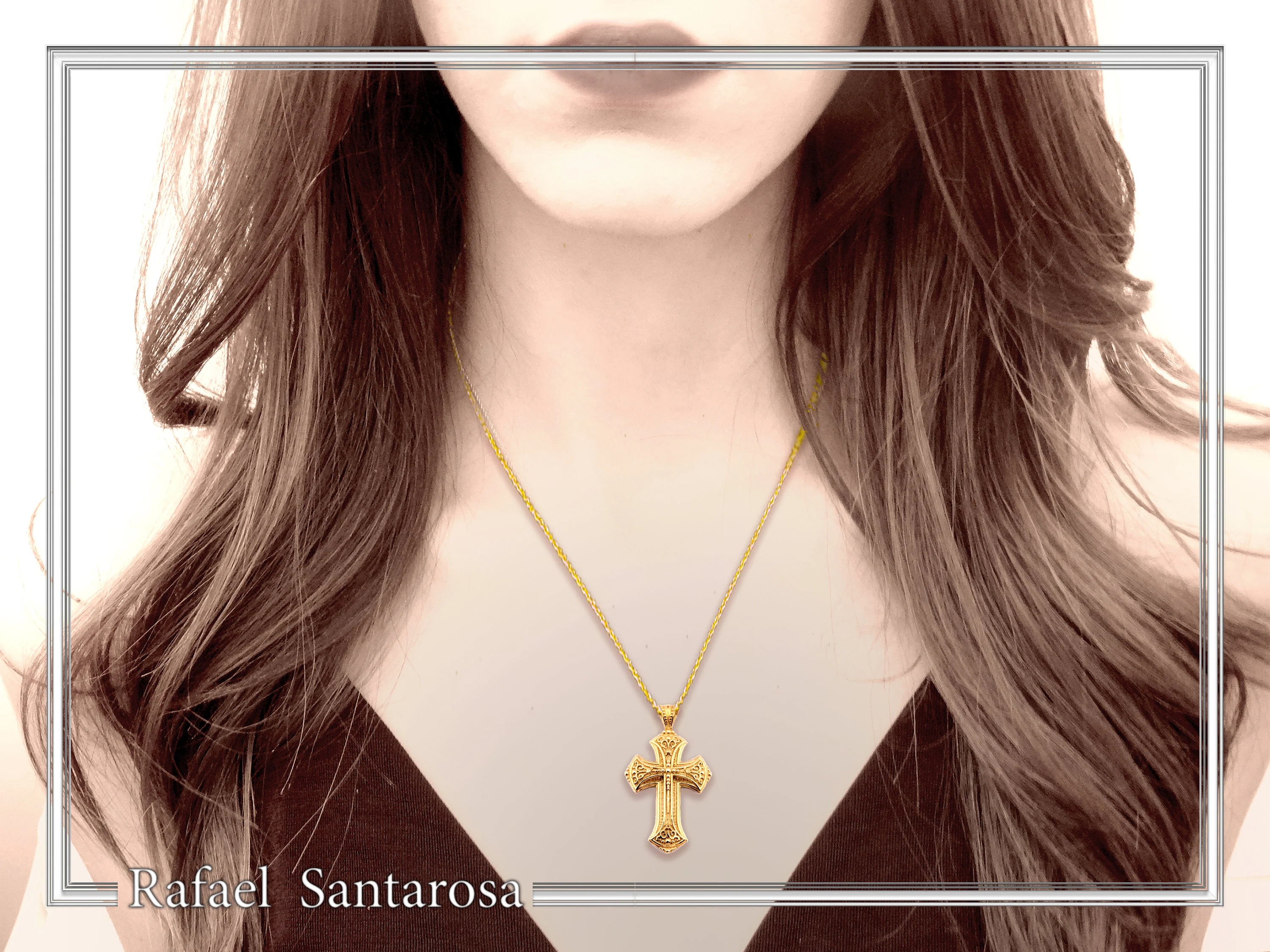 Byzantine Filigree Cross: 18k Solid Yellow Gold Greek Orthodox Religious Baptism Cross Pendant — additional product image 4 from Rafael Santarosa Fine Jewelry