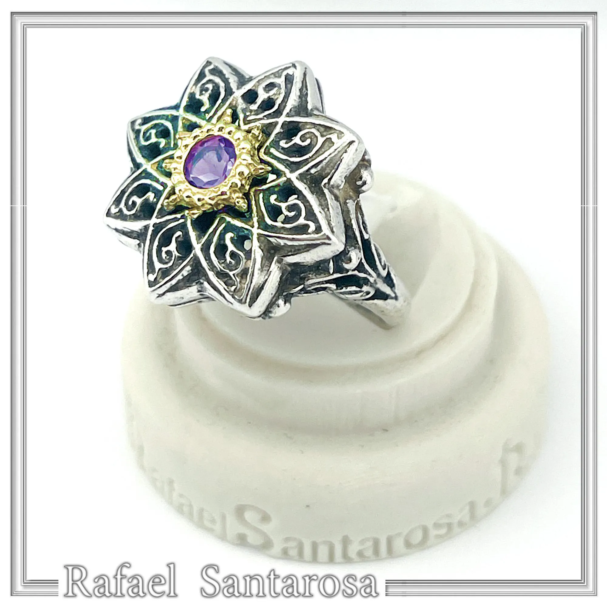 Natural African Amethyst Byzantine Ring: Oxidized Silver & 18k Gold Filled Filigree Bezel — additional product image 2 from Rafael Santarosa Fine Jewelry