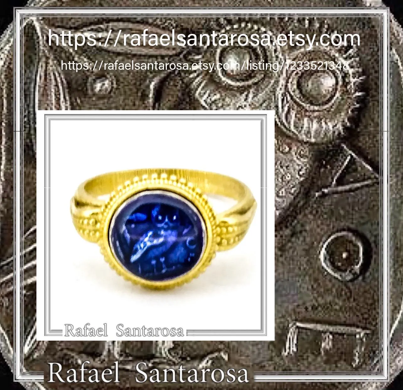 Athena Owl Coin Tetradrachm Ring: Blue Transparent Enamel on 18K Gold-Filled Filigree Sterling Silver — additional product image 10 from Rafael Santarosa Fine Jewelry
