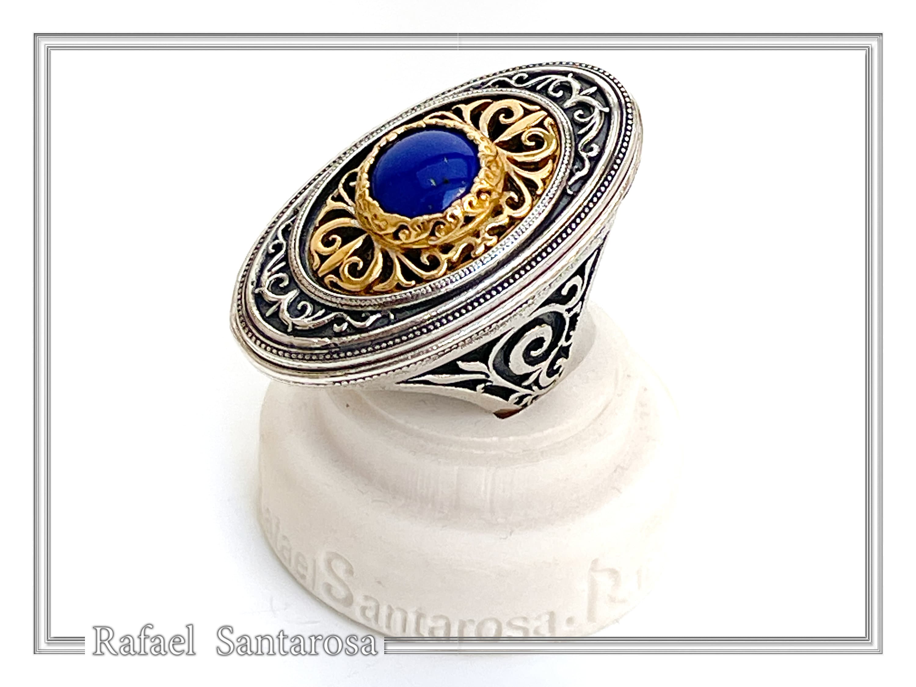 Natural Lapis Lazuli Big Byzantine Ring: Oxidized & 18k Gold Filled Sterling Silver — additional product image 3 from Rafael Santarosa Fine Jewelry