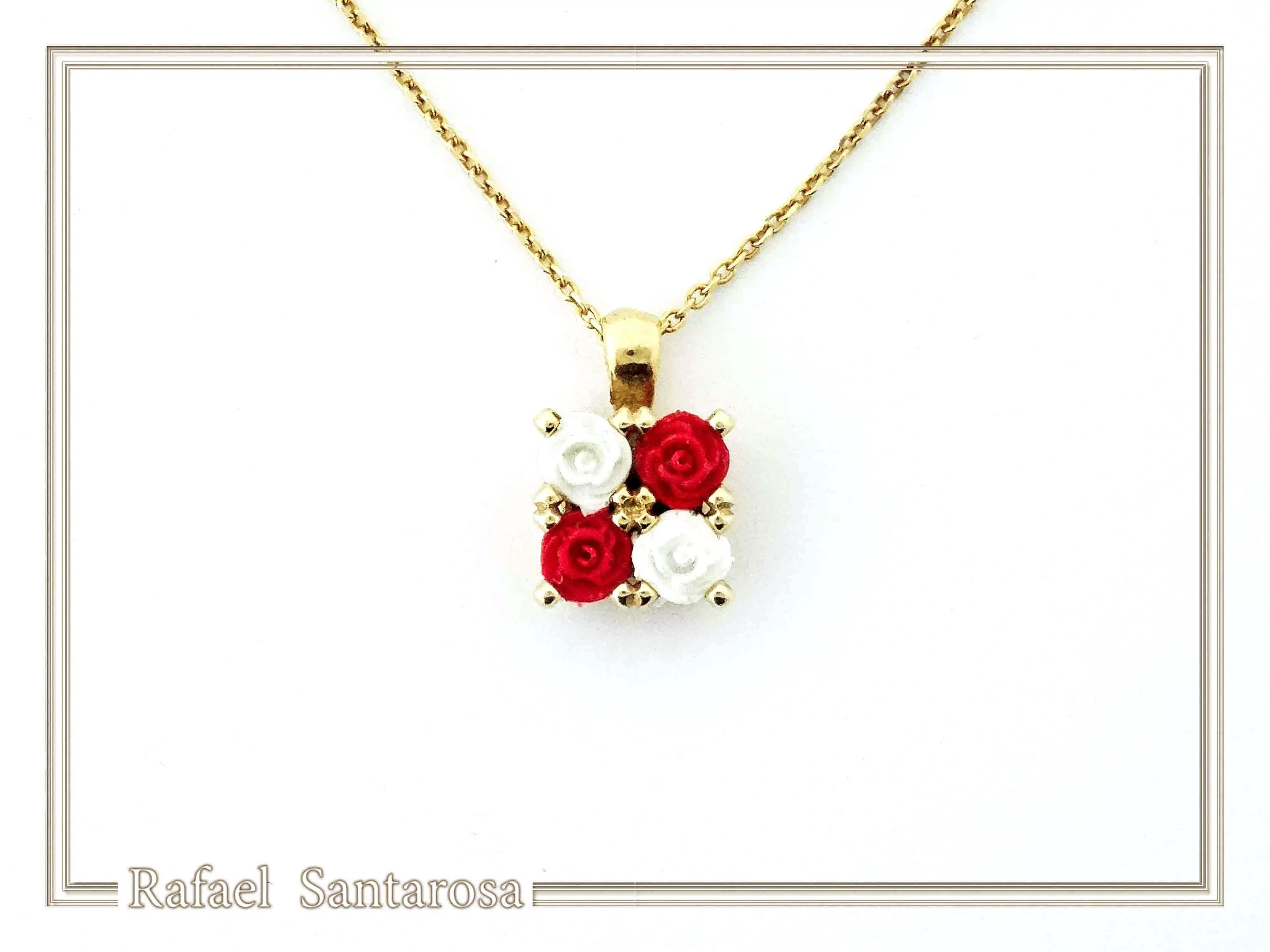 Alabaster Rose Flowers Gems Bouquet Square Necklace: Red &White Roses, Silver 18K Gold Filled. — additional product image 3 from Rafael Santarosa Fine Jewelry