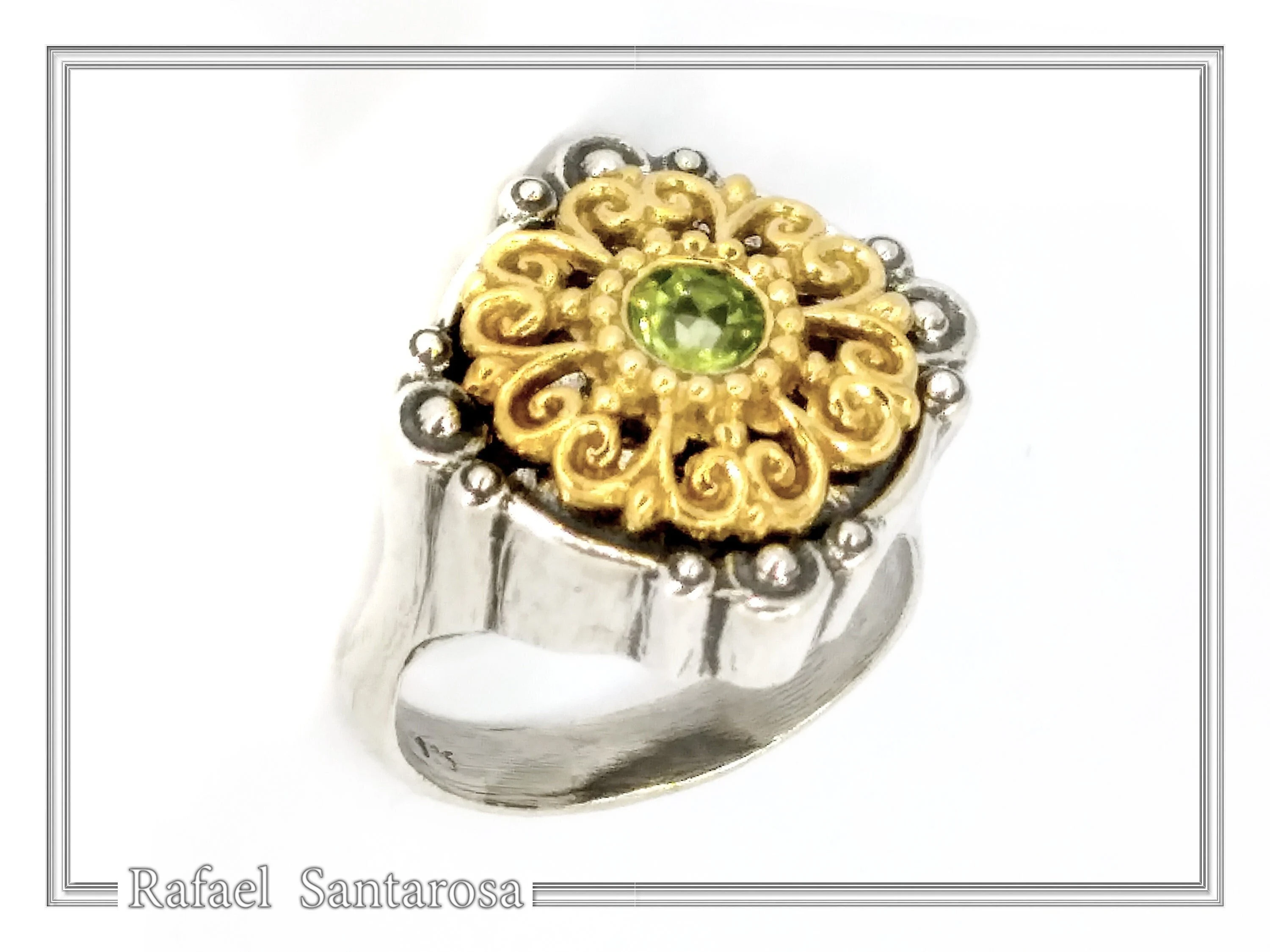 Natural Peridot Byzantine Ring: Oxidised and Gold-Filled Filigree Sterling Silver Statement Ring — additional product image 4 from Rafael Santarosa Fine Jewelry