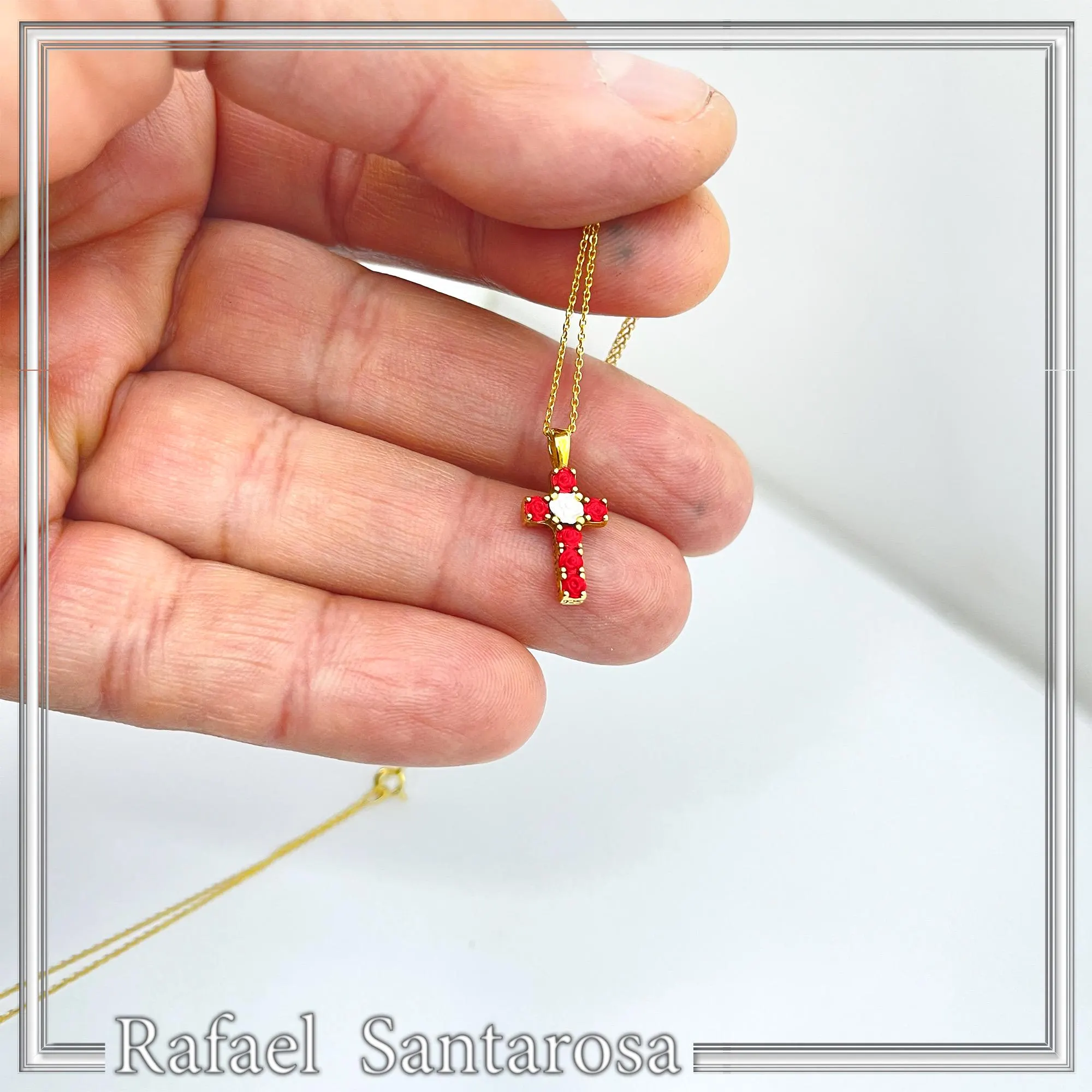 Tiny Cross Necklace: Hand Sculpted Alabaster Rose Flowers 18K Gold Filled Sterling Silver Cross — additional product image 9 from Rafael Santarosa Fine Jewelry