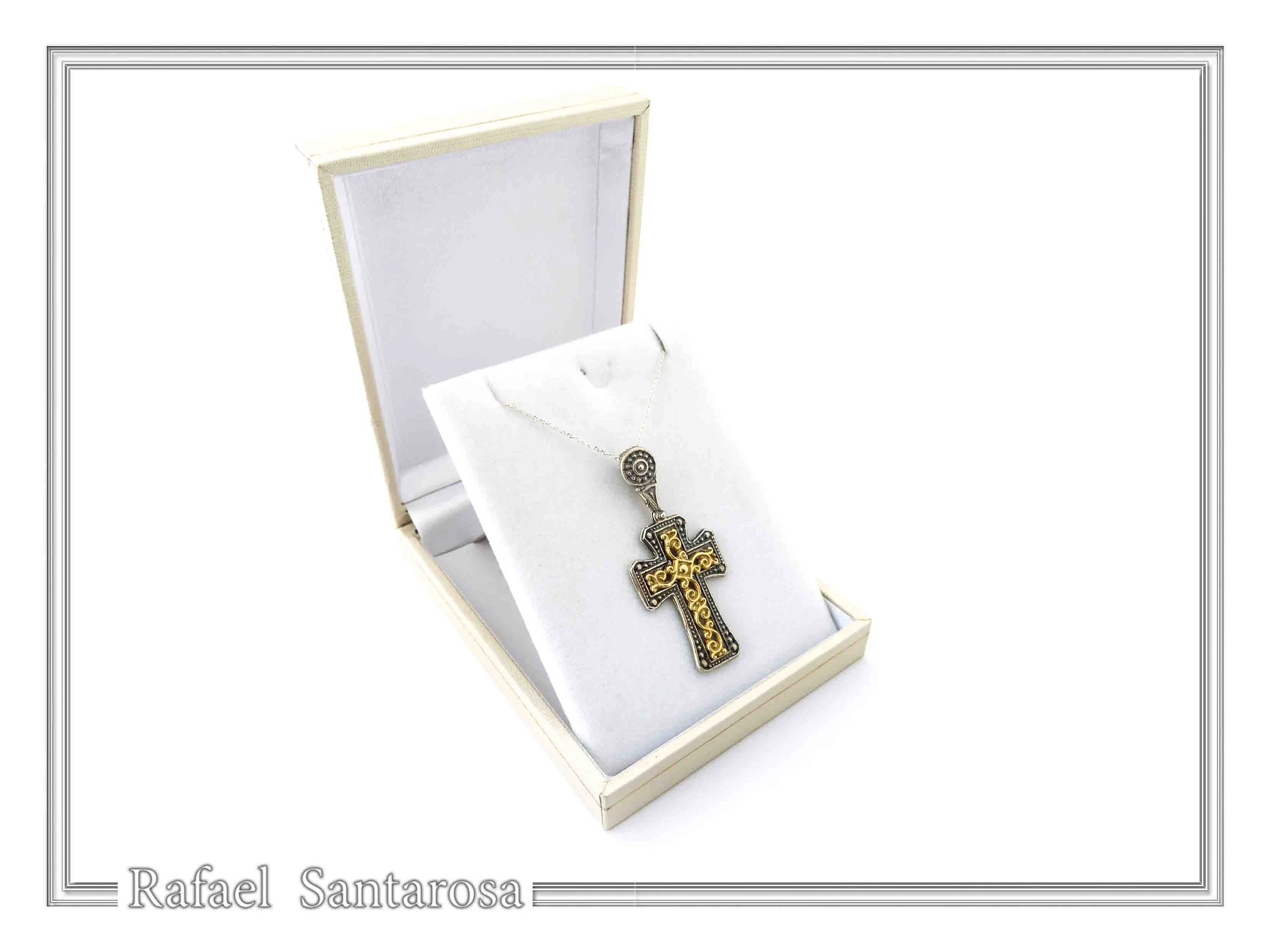 Byzantine Cross Necklace: 18k Gold Filled Filigree Silver Decoration on Oxidized Sterling Silver base — additional product image 9 from Rafael Santarosa Fine Jewelry