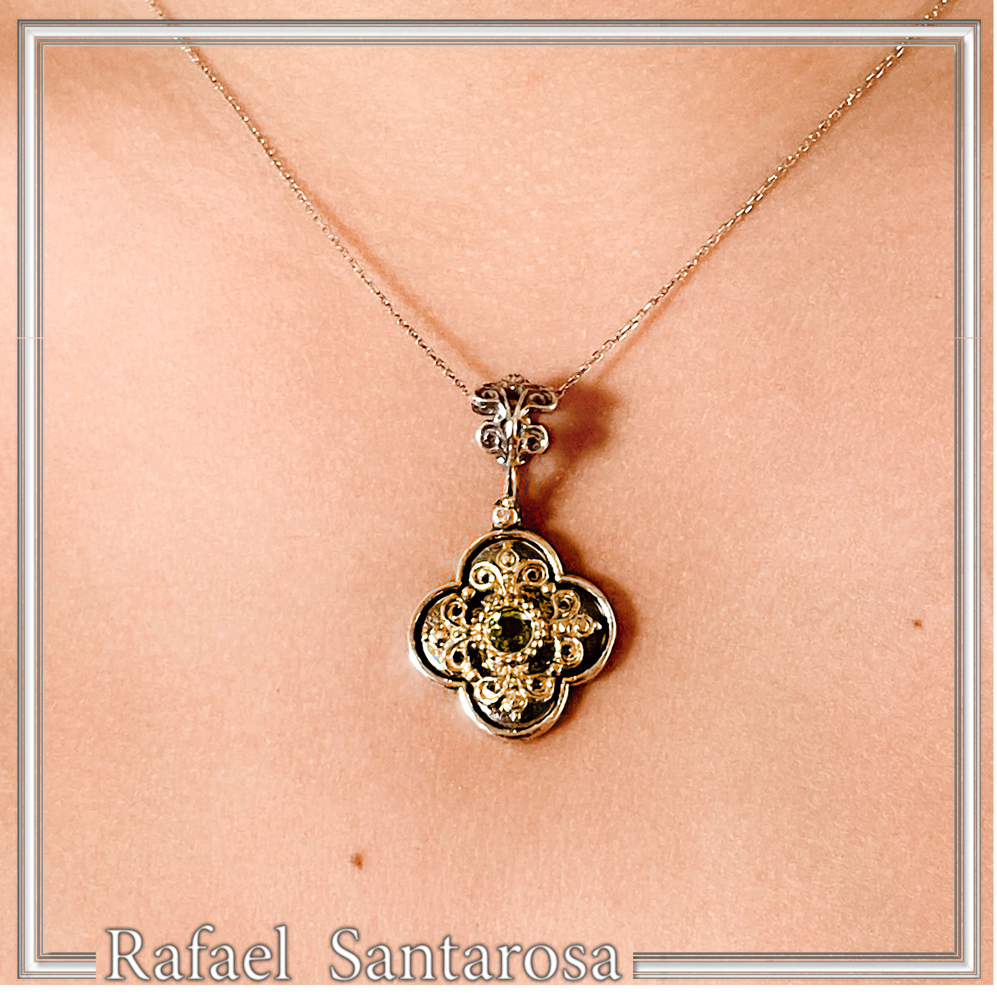 Byzantine Filigree Natural Green Peridot Necklace: Handmade Sterling Silver Oxidized and 18K Gold Filled — additional product image 3 from Rafael Santarosa Fine Jewelry