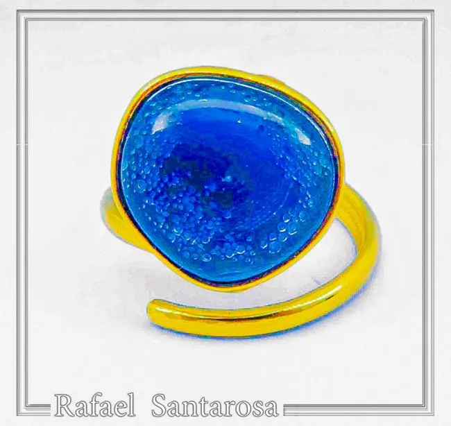 Sea Blue Transparent Enamel Adjustable Ring: Sea Rock Design Sterling Silver 18K Gold Filled — additional product image 2 from Rafael Santarosa Fine Jewelry