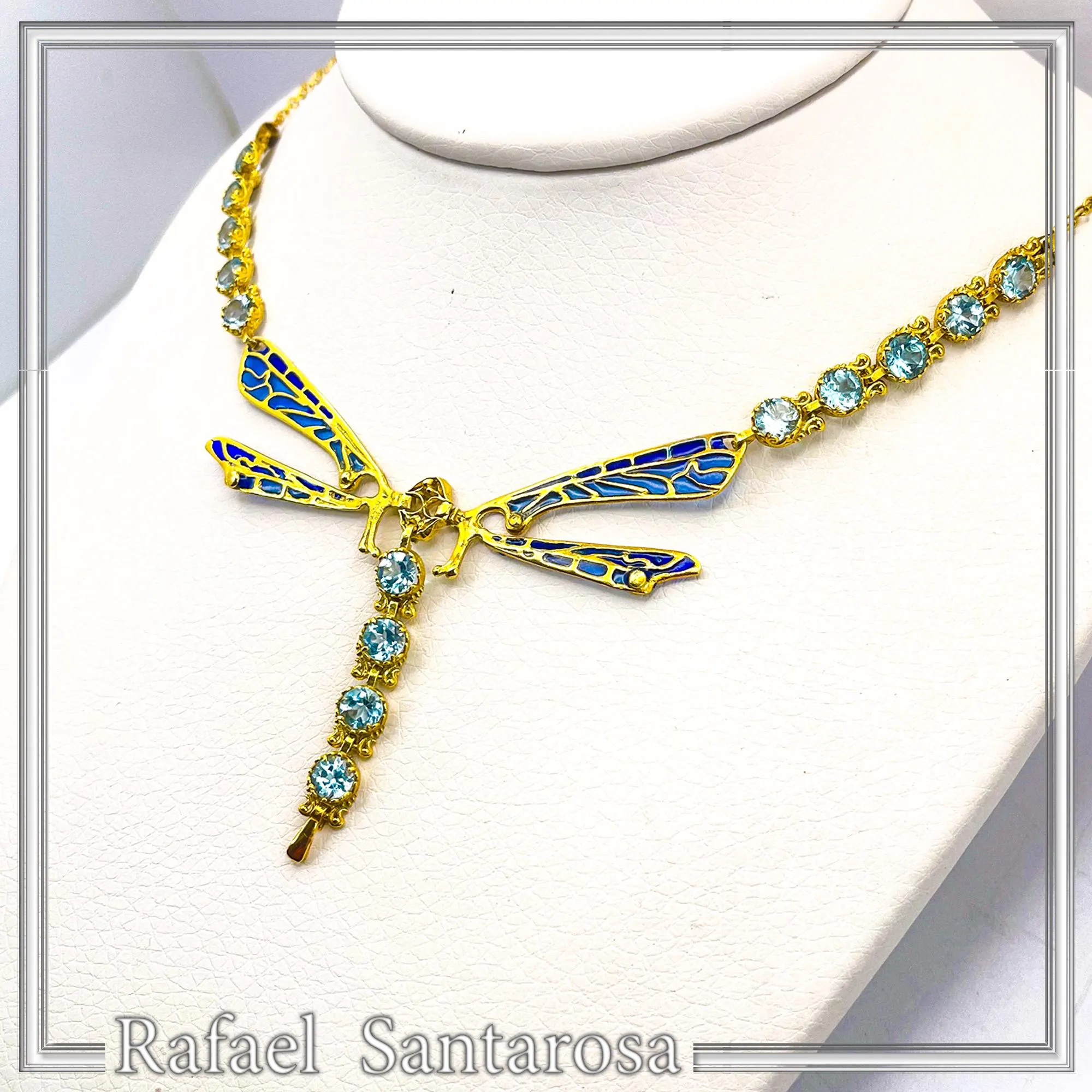 Art Nouveau Dragonfly Necklace Sterling Silver Gold Filled Blue Enamel Sky Blue Topaz — additional product image 7 from Rafael Santarosa Fine Jewelry