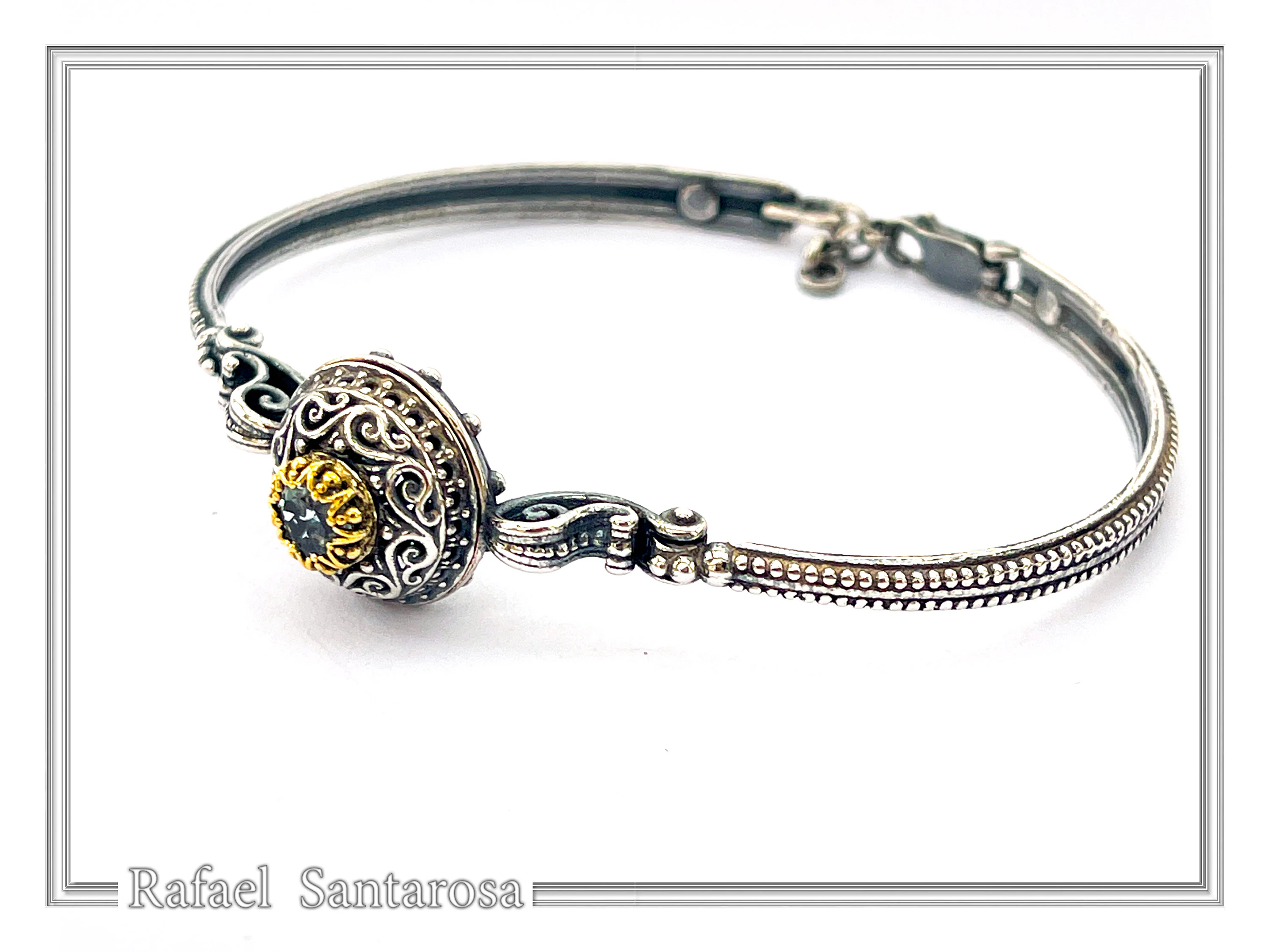 Natural Sky-Blue Topaz Byzantine Bracelet: Oxidised Sterling Silver with 18K Gold Filled Filigree Bezel — additional product image 2 from Rafael Santarosa Fine Jewelry