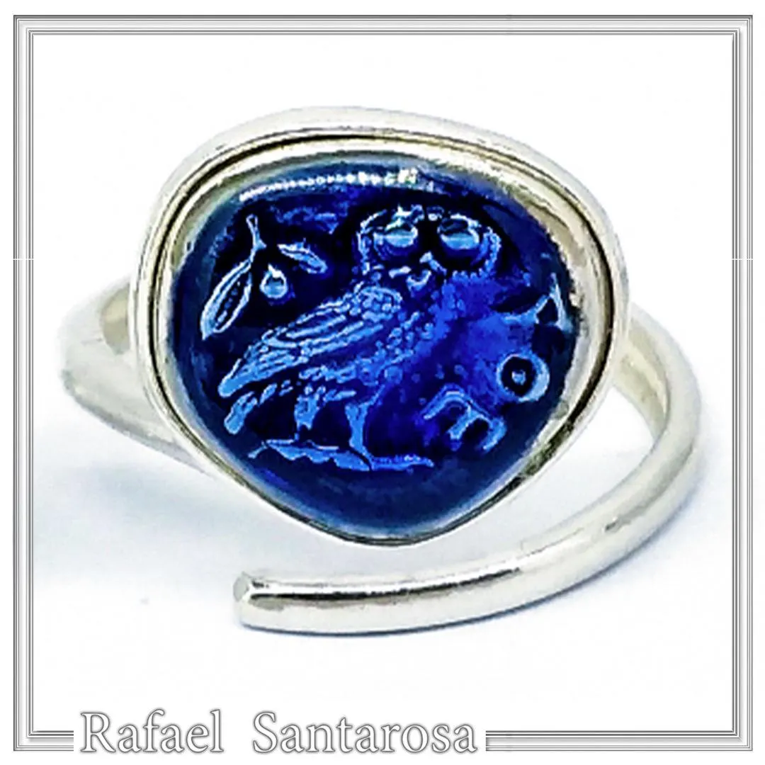Athena Owl Coin Tetradrachm Ring Museum Replica: Transparent Blue Enamel on Sterling Silver Coin — additional product image 2 from Rafael Santarosa Fine Jewelry