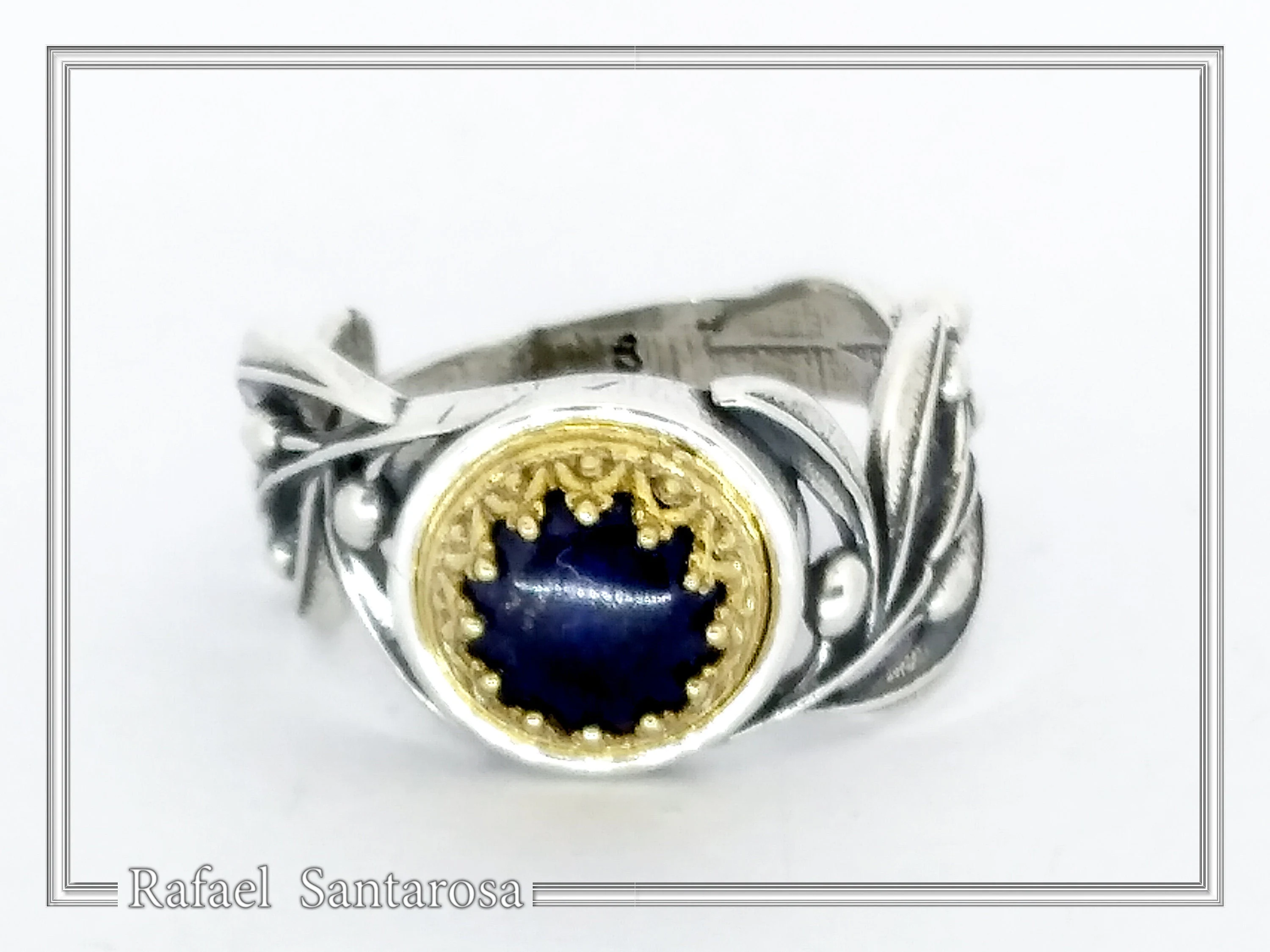 Natural Lapis or Pearl Floral Olive Branch Ring: Oxidized Sterling Silver Gold Filled Filigree — additional product image 3 from Rafael Santarosa Fine Jewelry