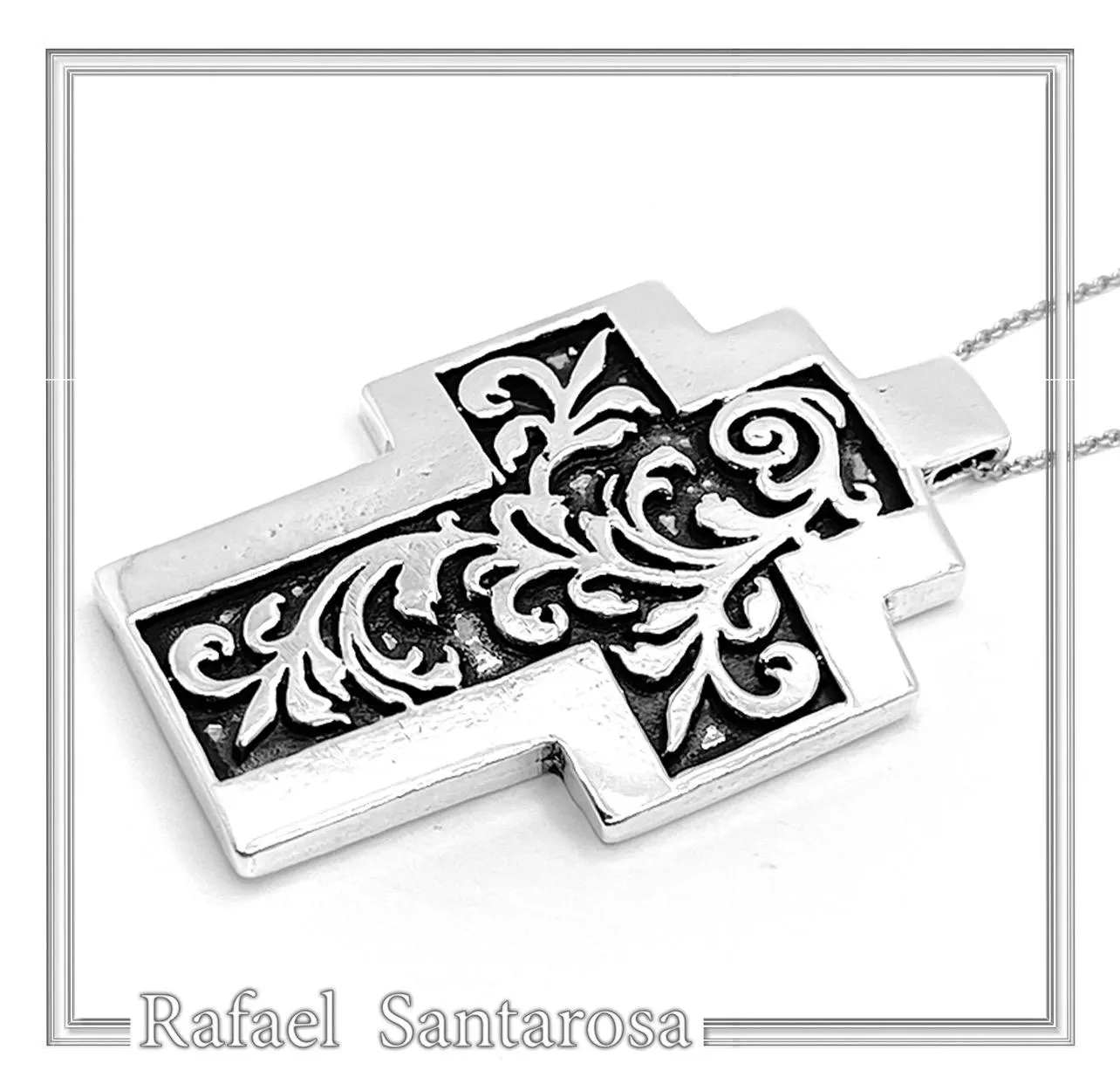 Boho Cross Necklace: Brutalist Floral Oxidized Sterling Silver Pendant — additional product image 2 from Rafael Santarosa Fine Jewelry
