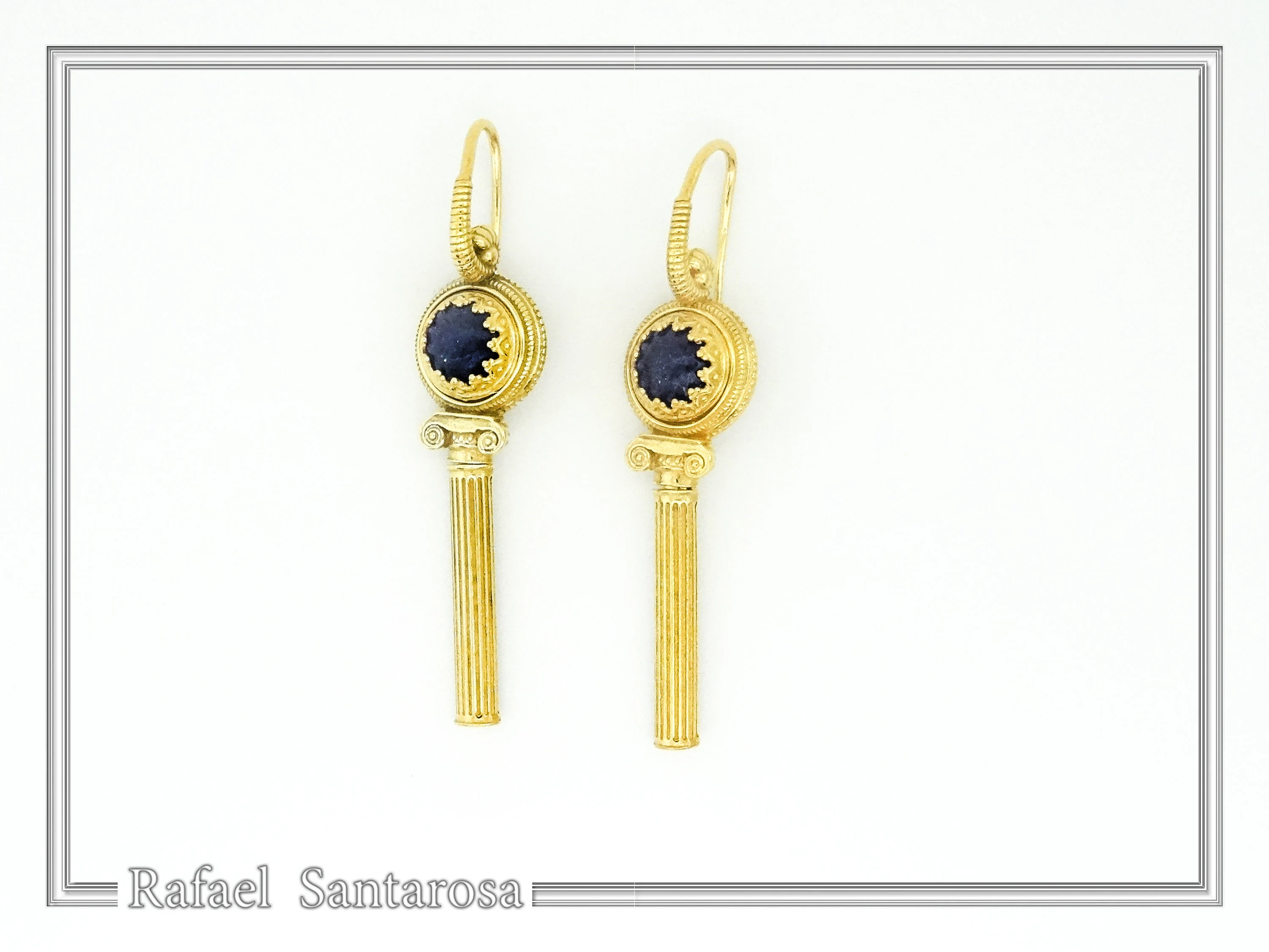 Natural Lapis Lazuli Greek Column Museum Earrings: Sterling Silver 18K Gold Filled Filigree Bezel — additional product image 3 from Rafael Santarosa Fine Jewelry