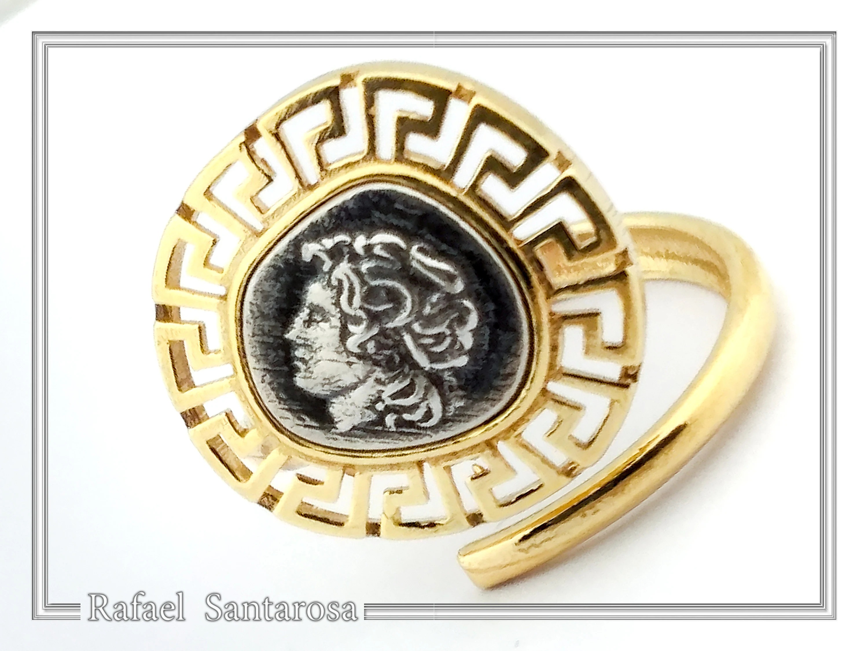 Alexander the Greek coin adjustable ring oxidized, and 18K gold filled sterling silver Greek Key — additional product image 3 from Rafael Santarosa Fine Jewelry