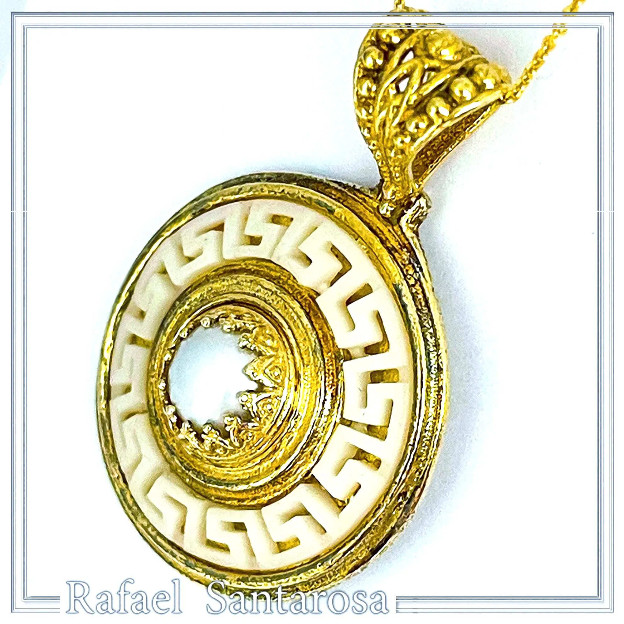 Greek Key Maiandros Sculptured on Marble Necklace: Sterling Silver 18K Gold Filled, Natural Pearl — additional product image 7 from Rafael Santarosa Fine Jewelry