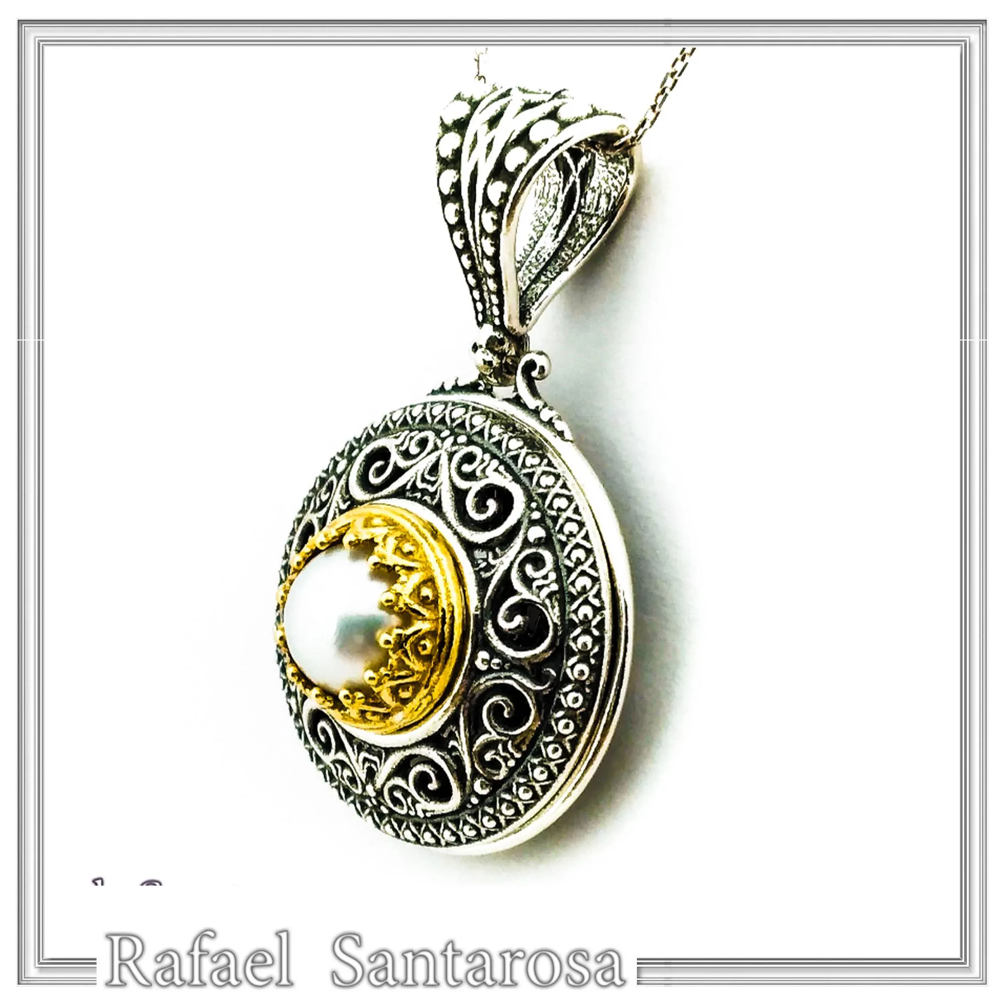 Byzantine natural Pearl Pendant: Oxidized Sterling Silver and Gold-Filled Filigree Necklace