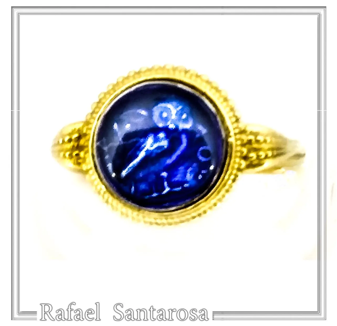 Athena Owl Coin Tetradrachm Ring: Blue Transparent Enamel on 18K Gold-Filled Filigree Sterling Silver — additional product image 2 from Rafael Santarosa Fine Jewelry