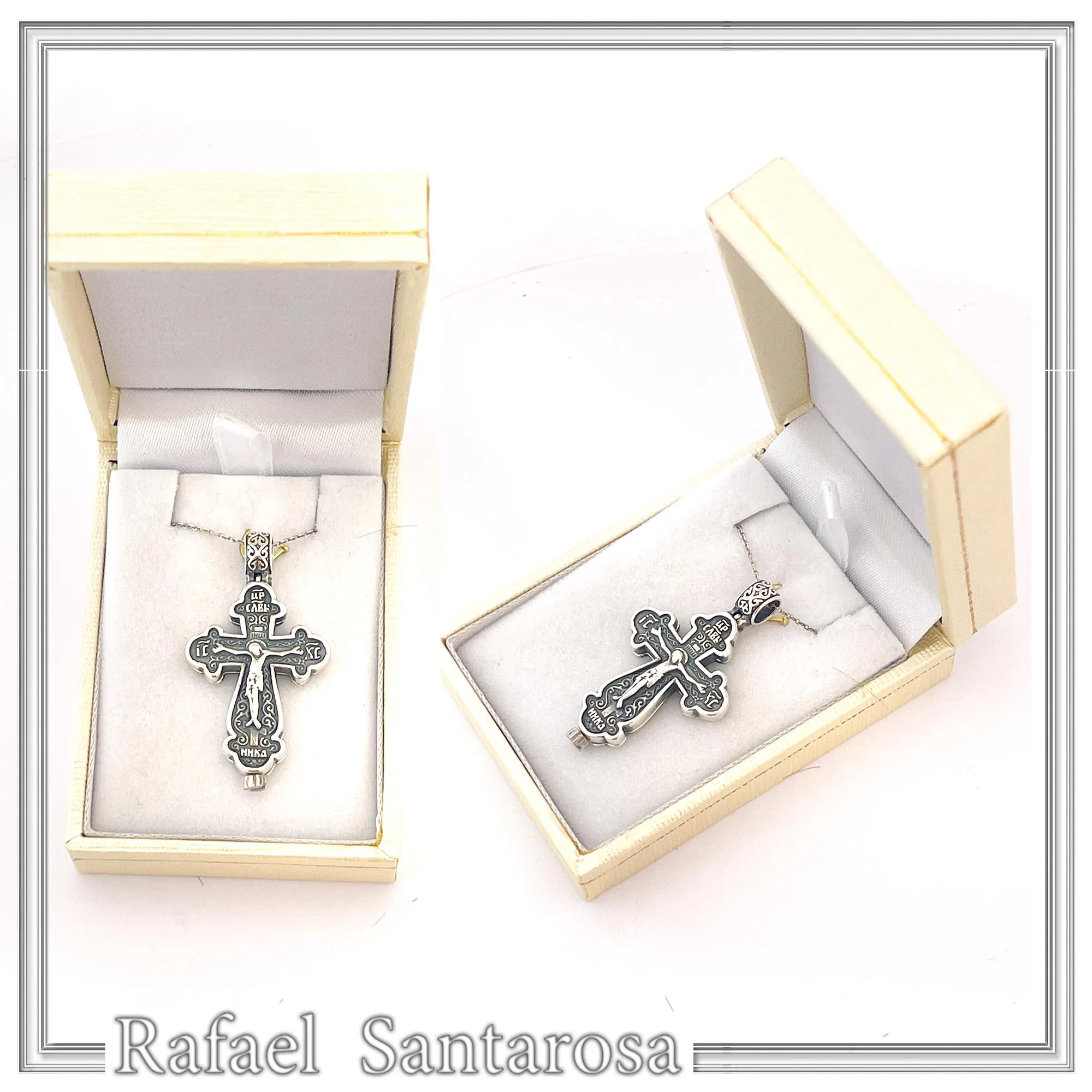Byzantine Cyrillic Prayer Cross Locket Necklace: Russian Type Sterling Silver Reliquary Cross Pendant — additional product image 10 from Rafael Santarosa Fine Jewelry