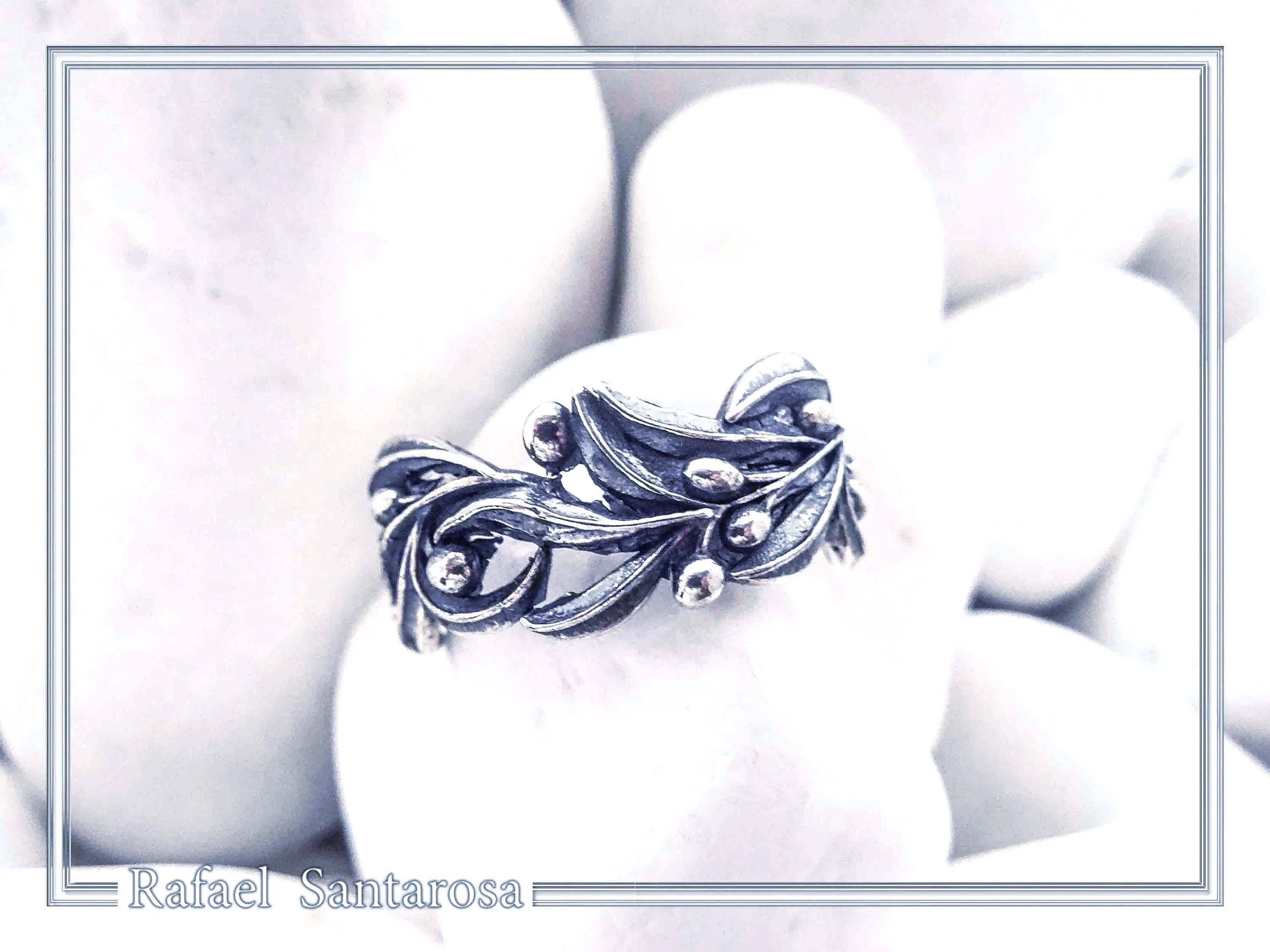 Olive Branch Band Ring, Greek Mythology Floral Jewelry: Oxidized Sterling Silver — additional product image 6 from Rafael Santarosa Fine Jewelry