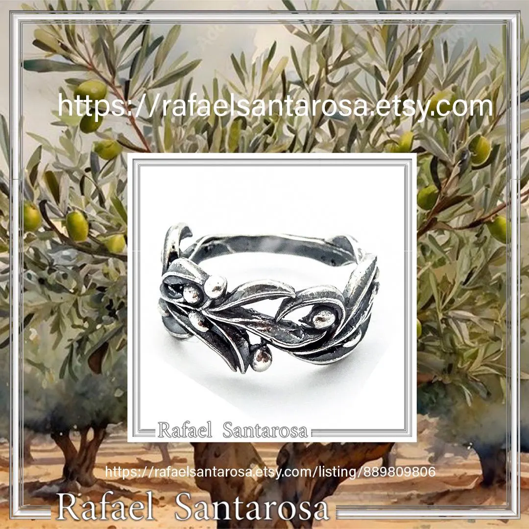 Olive Branch Band Ring, Greek Mythology Floral Jewelry: Oxidized Sterling Silver — additional product image 10 from Rafael Santarosa Fine Jewelry