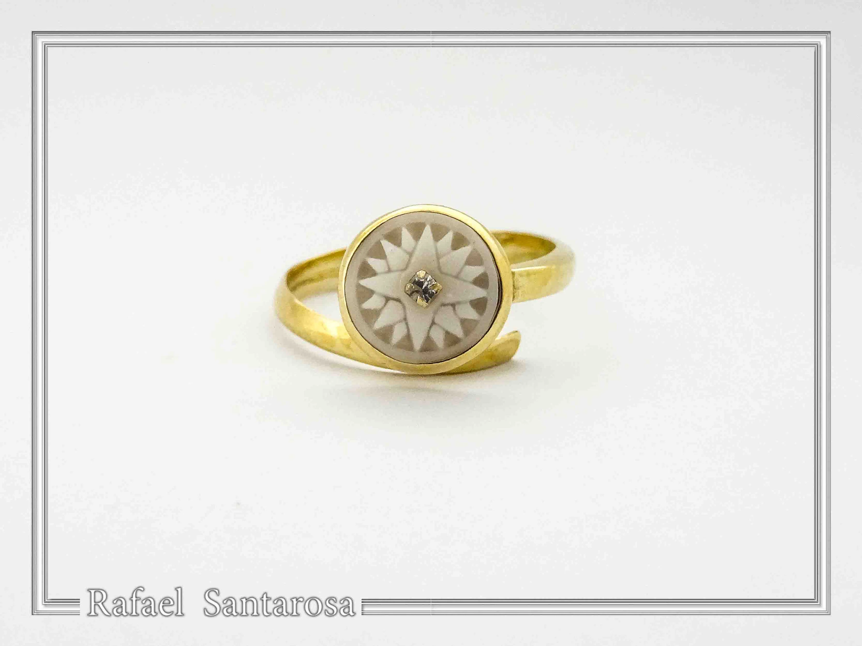 Greek Macedonian Sun Adjustable Statement Ring: Sculptured Marble, Zircon, 18K Gold-Filled Sterling Silver