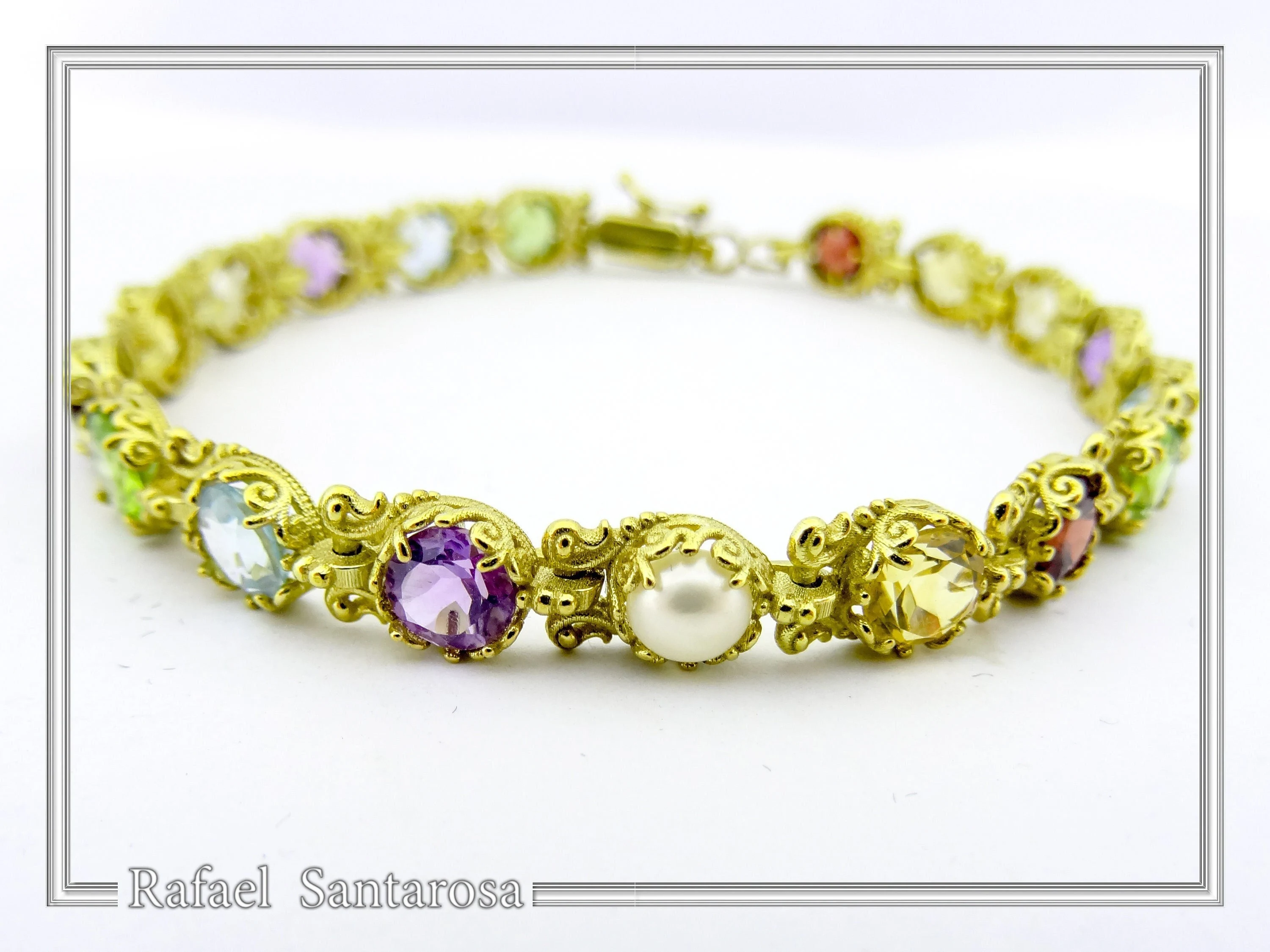 Natural Gemstone Multi stone Tennis Bracelet: Sterling Silver 18K Gold Filled Byzantine ornaments — additional product image 5 from Rafael Santarosa Fine Jewelry
