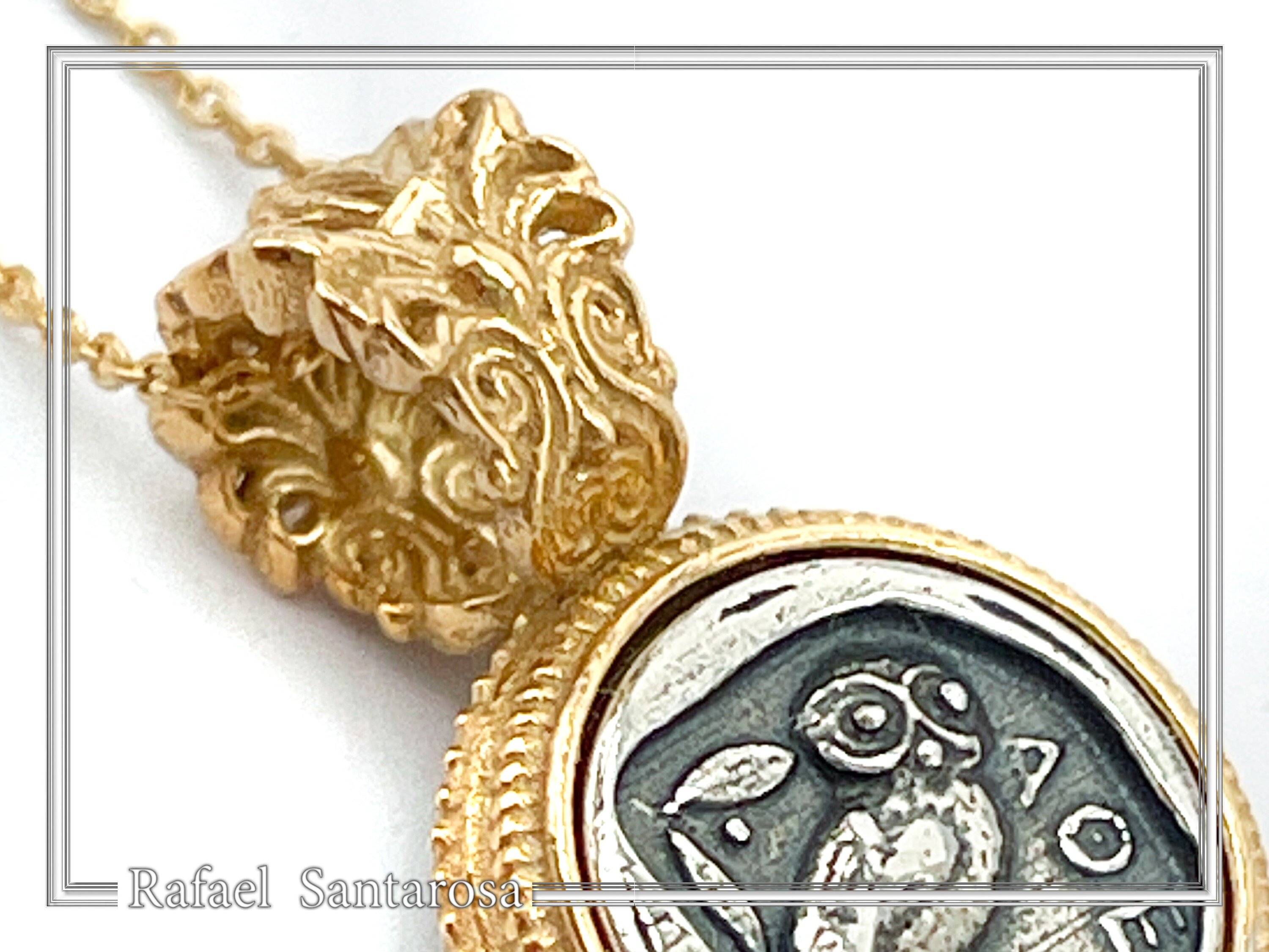 Athena Owl Tetradrachm Coin Antefix Pendant: Sterling Silver oxidised on 18K Gold-Filled Filigree Base — additional product image 5 from Rafael Santarosa Fine Jewelry