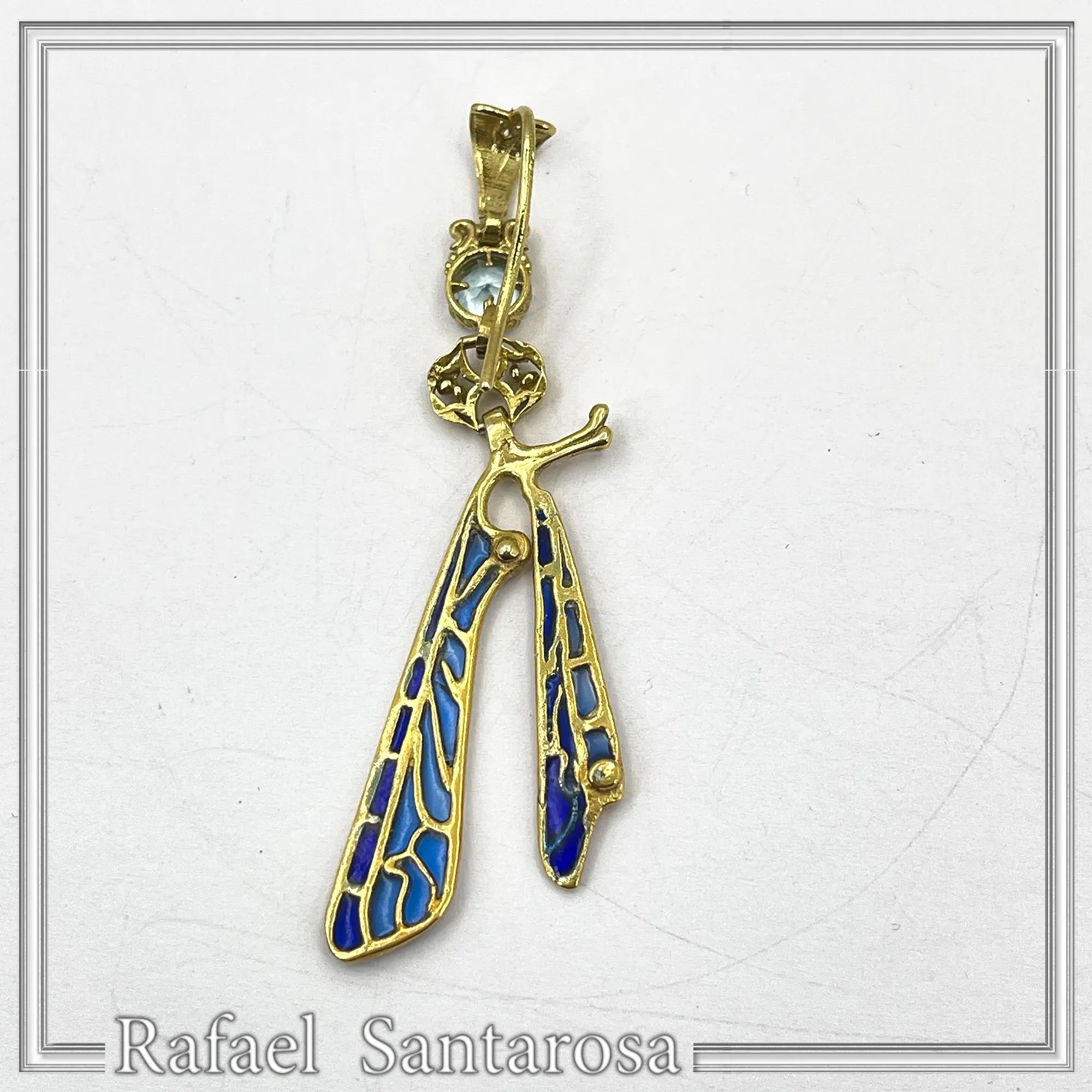 Art Nouveau Dragonfly feather Sterling Silver Earrings Gold Filled Blue Enamel Sky Blue Topaz Handmade Jewelry — additional product image 9 from Rafael Santarosa Fine Jewelry