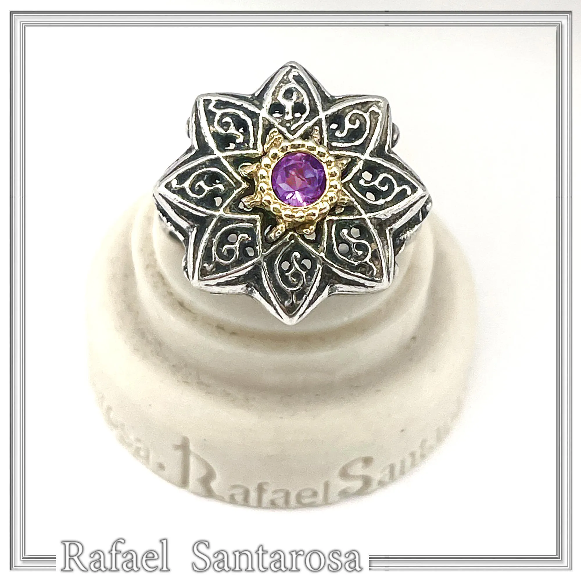 Natural African Amethyst Byzantine Ring: Oxidized Silver & 18k Gold Filled Filigree Bezel — additional product image 3 from Rafael Santarosa Fine Jewelry