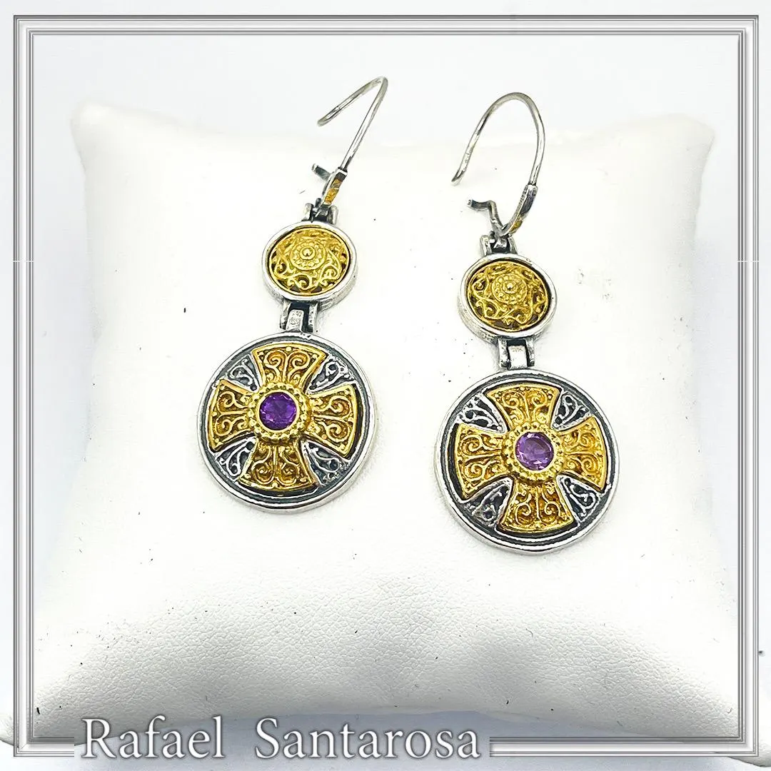 Byzantine Cross Drop Earrings Sterling Silver Oxidised and 18k Gold Filled African Amethyst — additional product image 4 from Rafael Santarosa Fine Jewelry