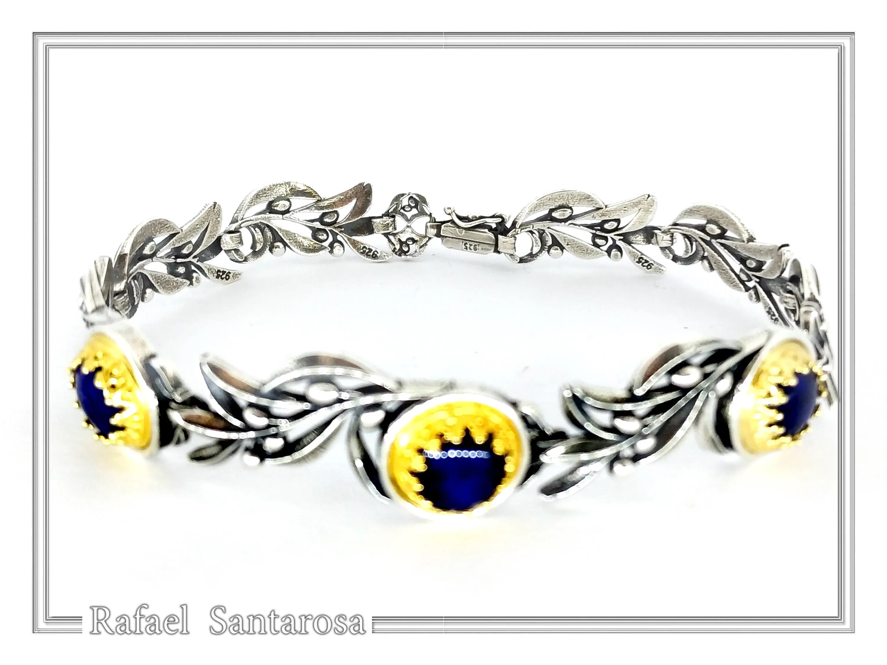 Natural Lapis Lazuli Olive Leaf Floral Beaded Bracelet: Oxidized and 18K Gold Filled Silver — additional product image 7 from Rafael Santarosa Fine Jewelry