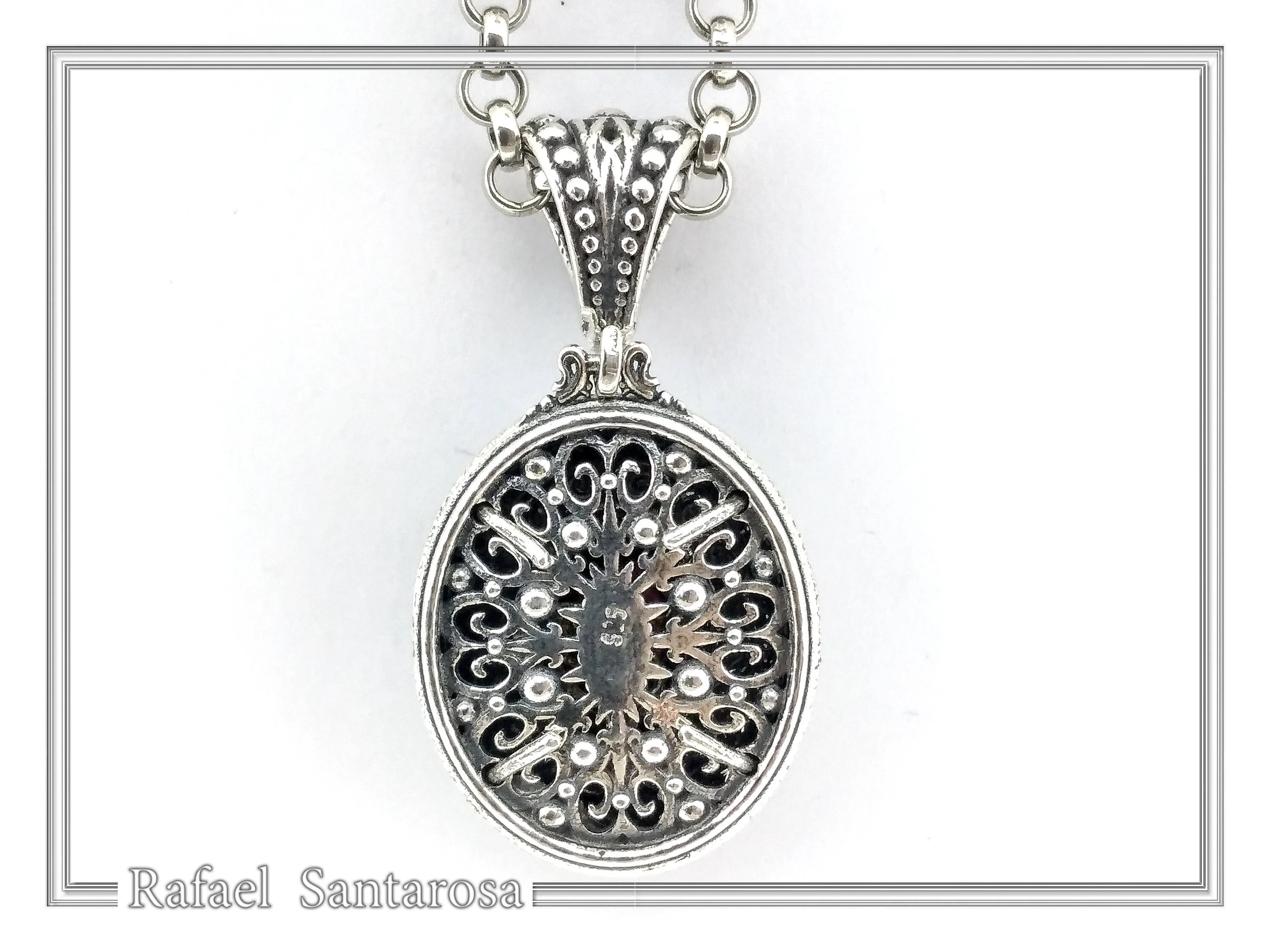 Natural Red Garnet Byzantine Filigree Pendant: Oxidized and 18k Gold Filled Sterling Silver — additional product image 7 from Rafael Santarosa Fine Jewelry