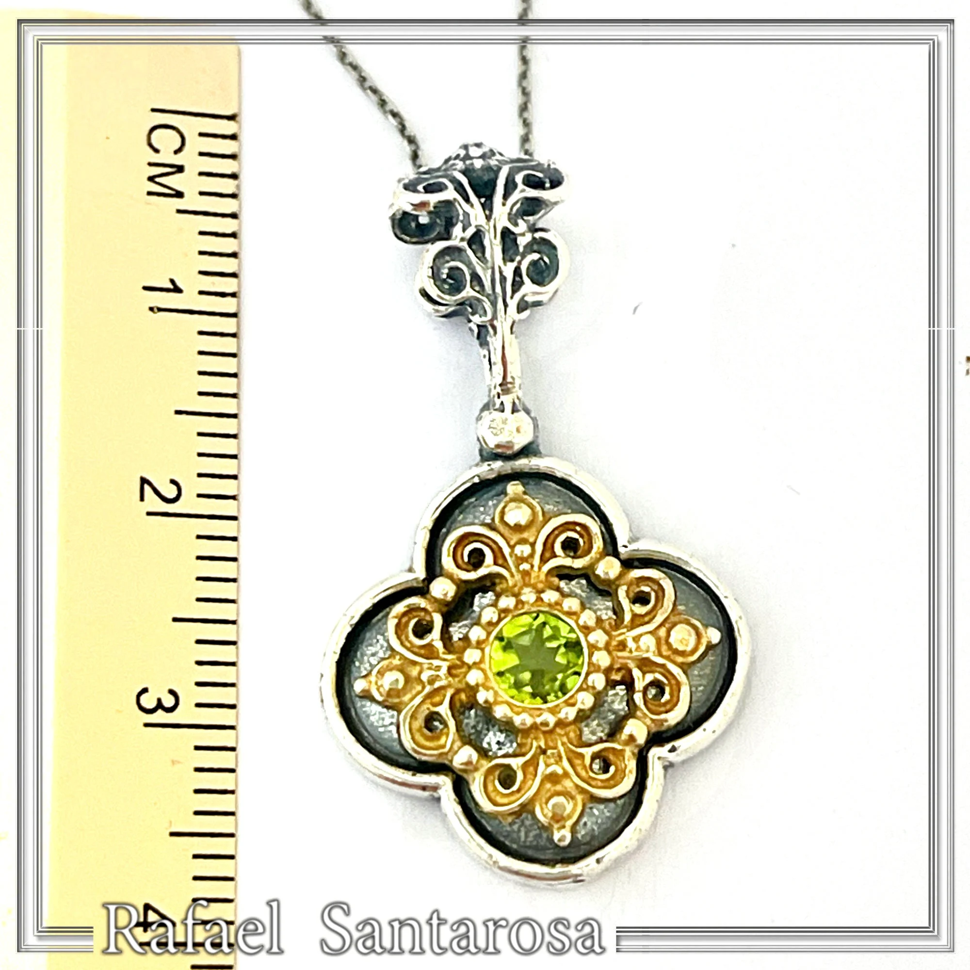 Byzantine Filigree Natural Green Peridot Necklace: Handmade Sterling Silver Oxidized and 18K Gold Filled — additional product image 8 from Rafael Santarosa Fine Jewelry