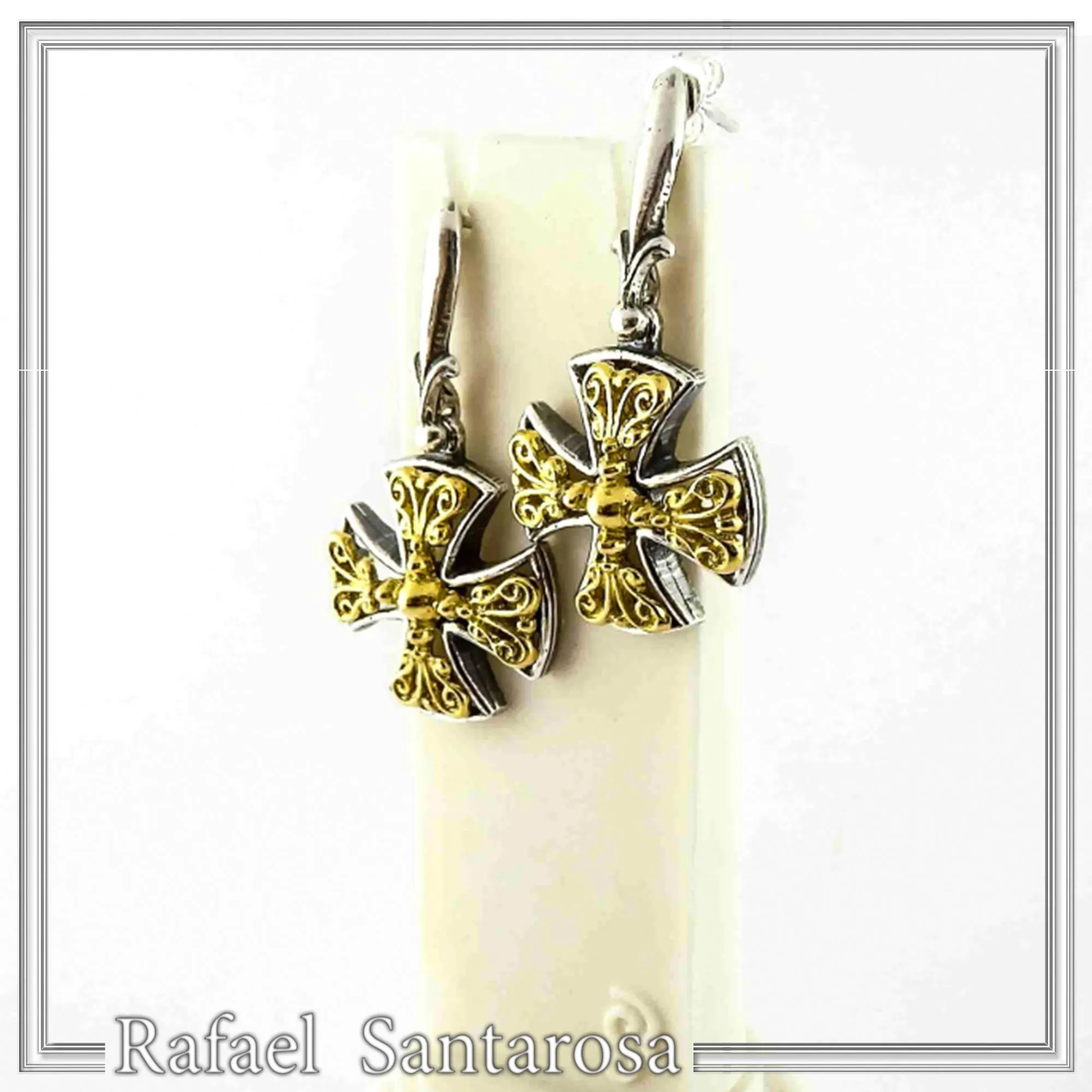 Byzantine Filigree Cross Dangle Drop Earrings: Sterling Silver, 18K Gold-Filled — additional product image 3 from Rafael Santarosa Fine Jewelry