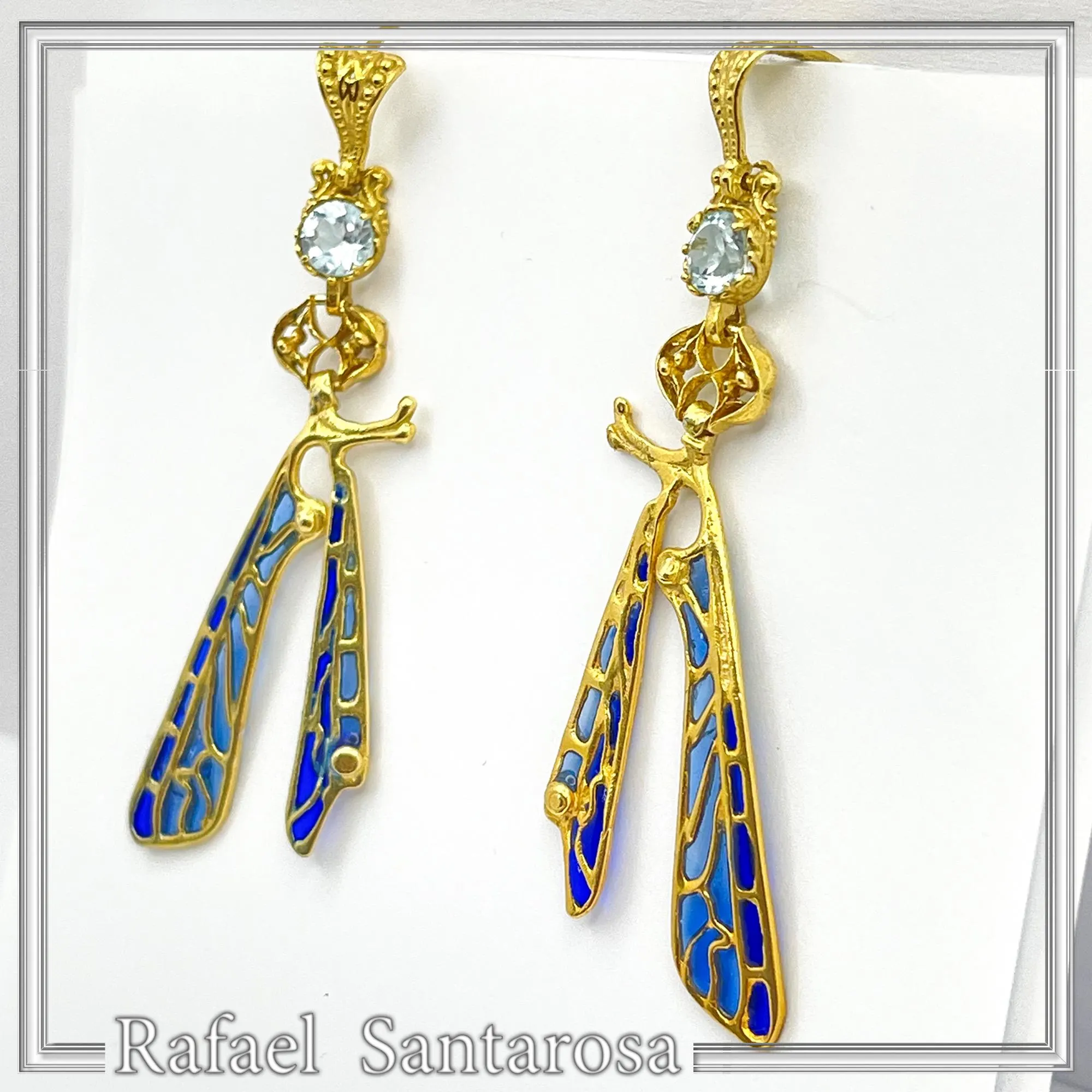 Art Nouveau Dragonfly feather Sterling Silver Earrings Gold Filled Blue Enamel Sky Blue Topaz Handmade Jewelry — additional product image 7 from Rafael Santarosa Fine Jewelry