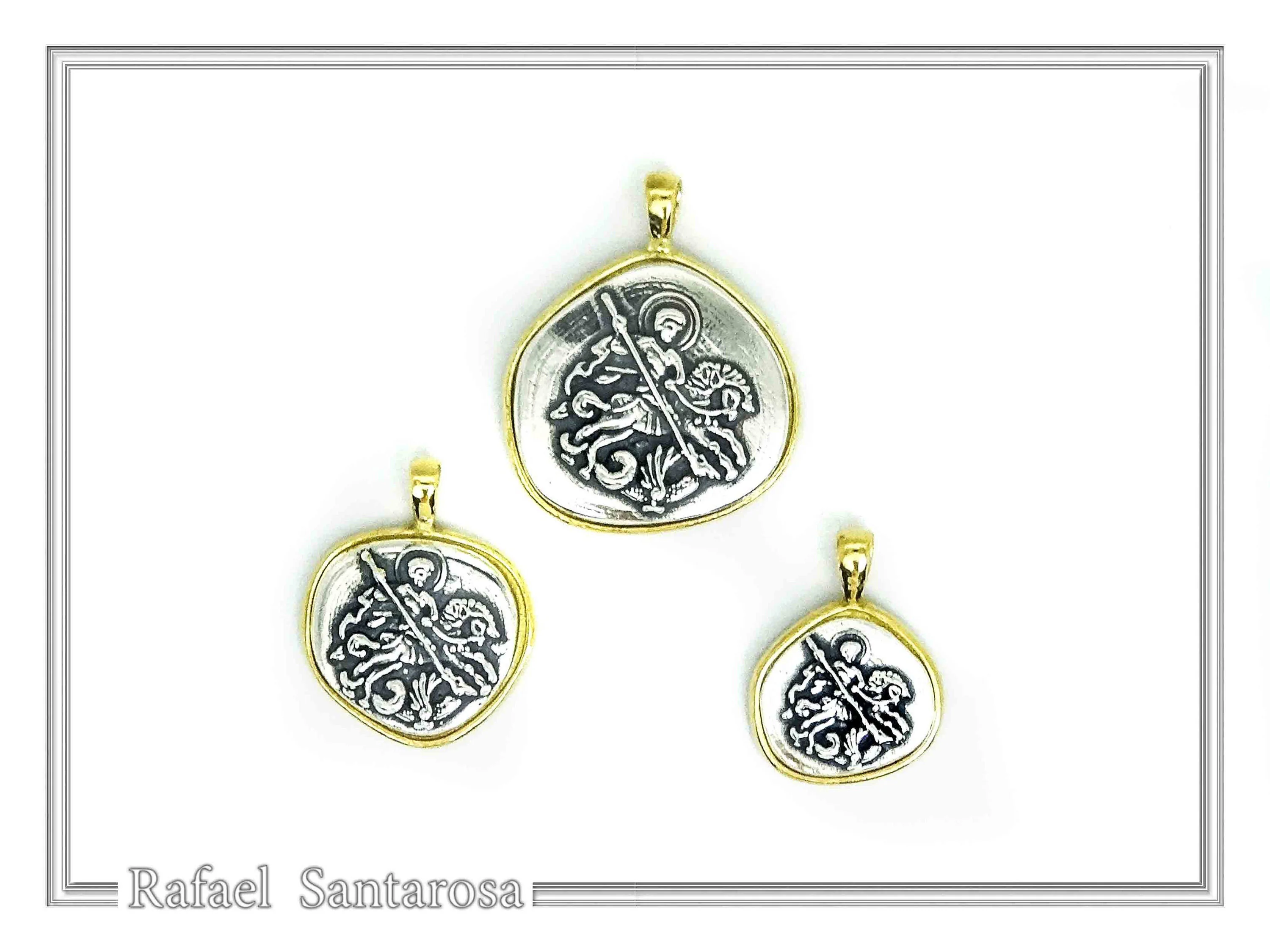St George Killing Dragon Necklace Byzantine Talisman: Sterling Silver Oxidised & 18K Gold-Filled — additional product image 6 from Rafael Santarosa Fine Jewelry