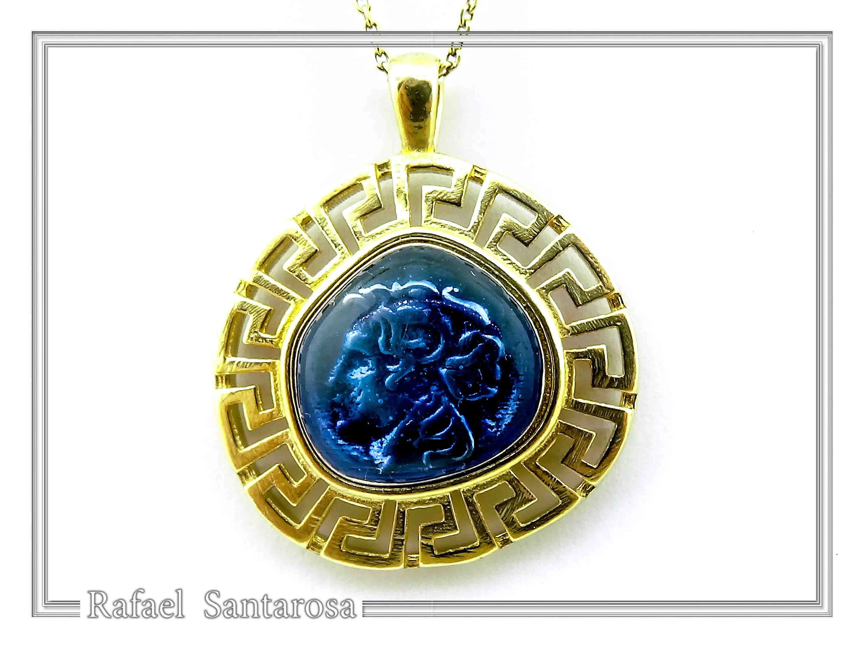 Alexander the Macedon coin silver necklace with Greek key 18k gold filled & sky-blue enamel. — additional product image 6 from Rafael Santarosa Fine Jewelry