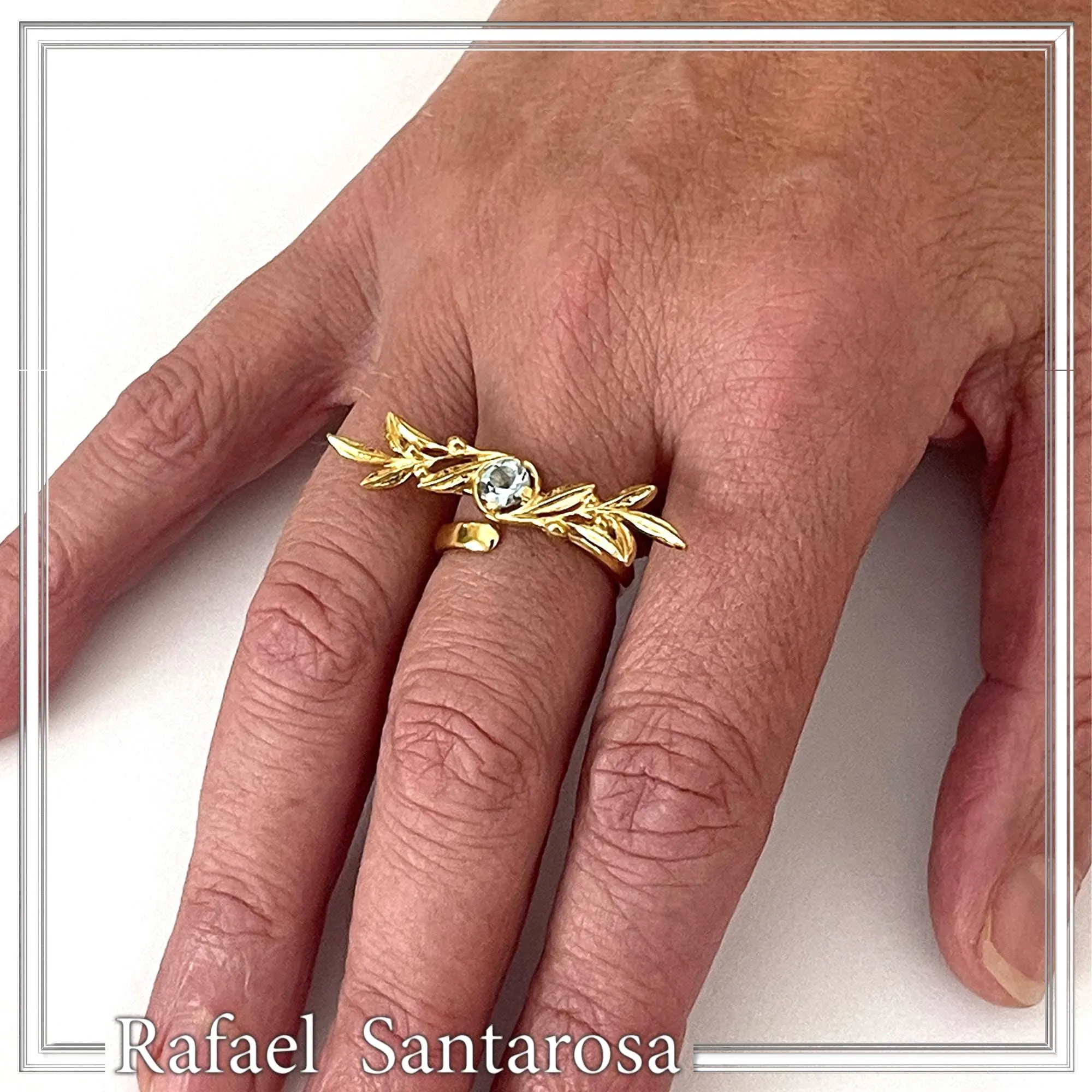 Olive Branch Adjustable Floral Ring: Natural Sky-Blue Topaz, 18K Gold Filled Sterling Silver Ring — additional product image 2 from Rafael Santarosa Fine Jewelry