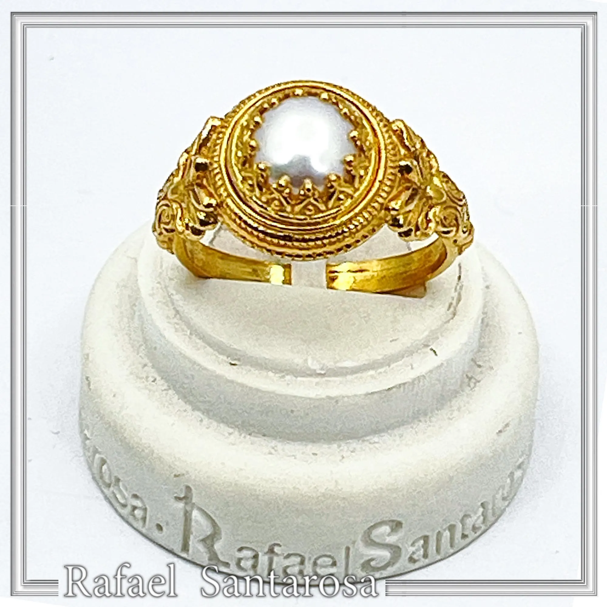 Sterling Silver Gold Filled Freshwater Pearl Ring Ancient Greek Antefix Filigree Design Handmade — additional product image 2 from Rafael Santarosa Fine Jewelry