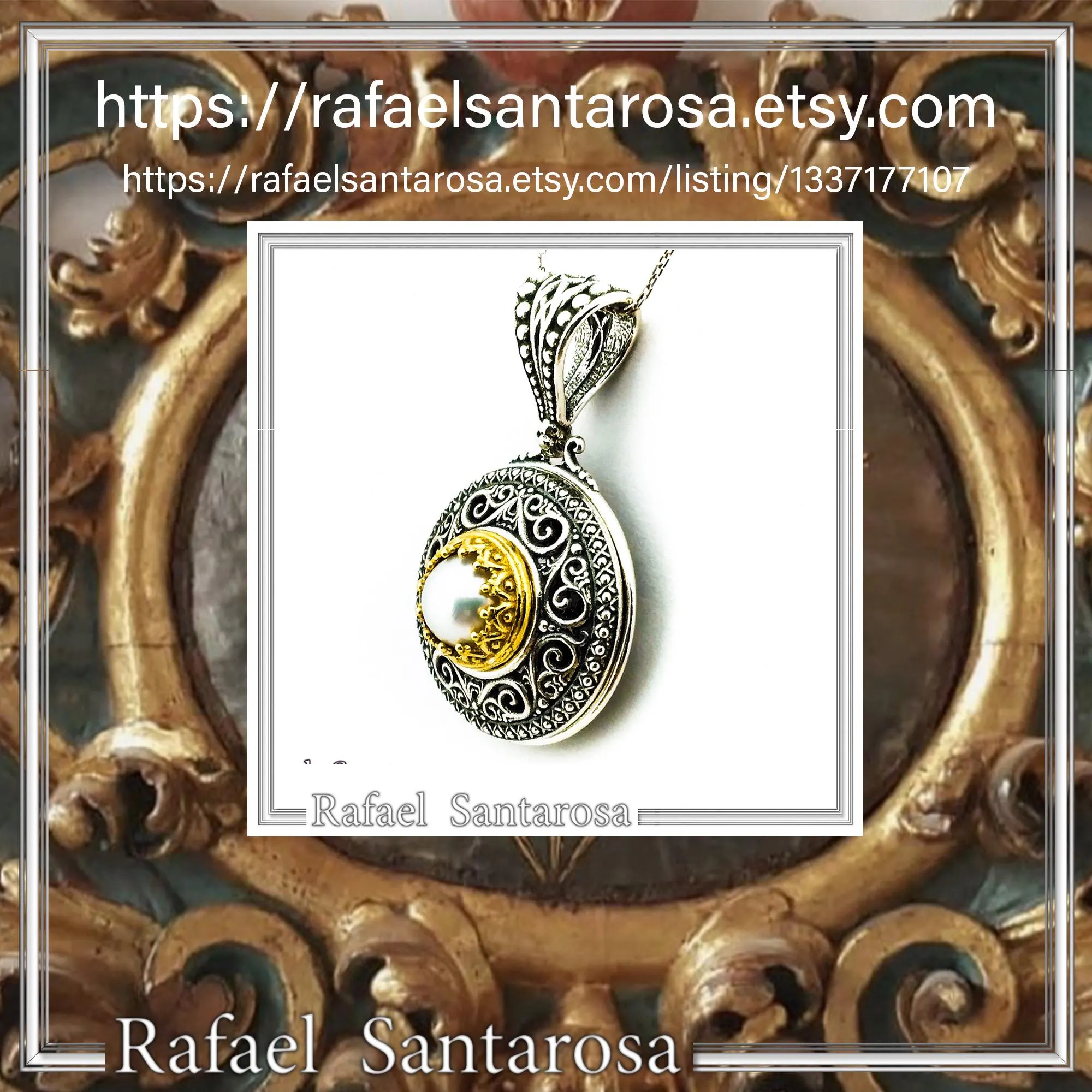Byzantine natural Pearl Pendant: Oxidized Sterling Silver and Gold-Filled Filigree Necklace — additional product image 10 from Rafael Santarosa Fine Jewelry