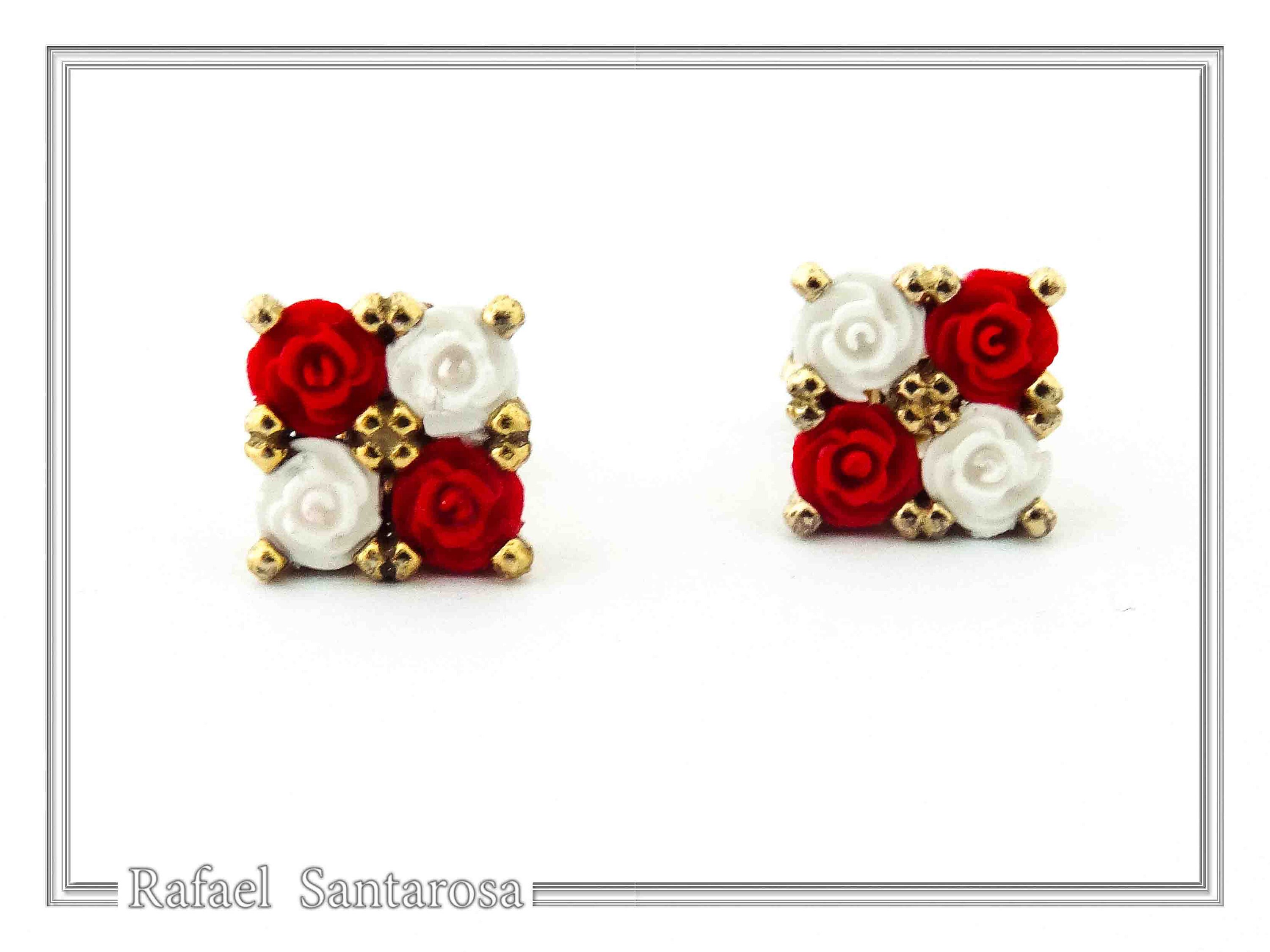 Rose Flowers minimal Stud Earrings: Red and White Alabaster Flowers, Sterling Silver 18K Gold-Filled — additional product image 3 from Rafael Santarosa Fine Jewelry