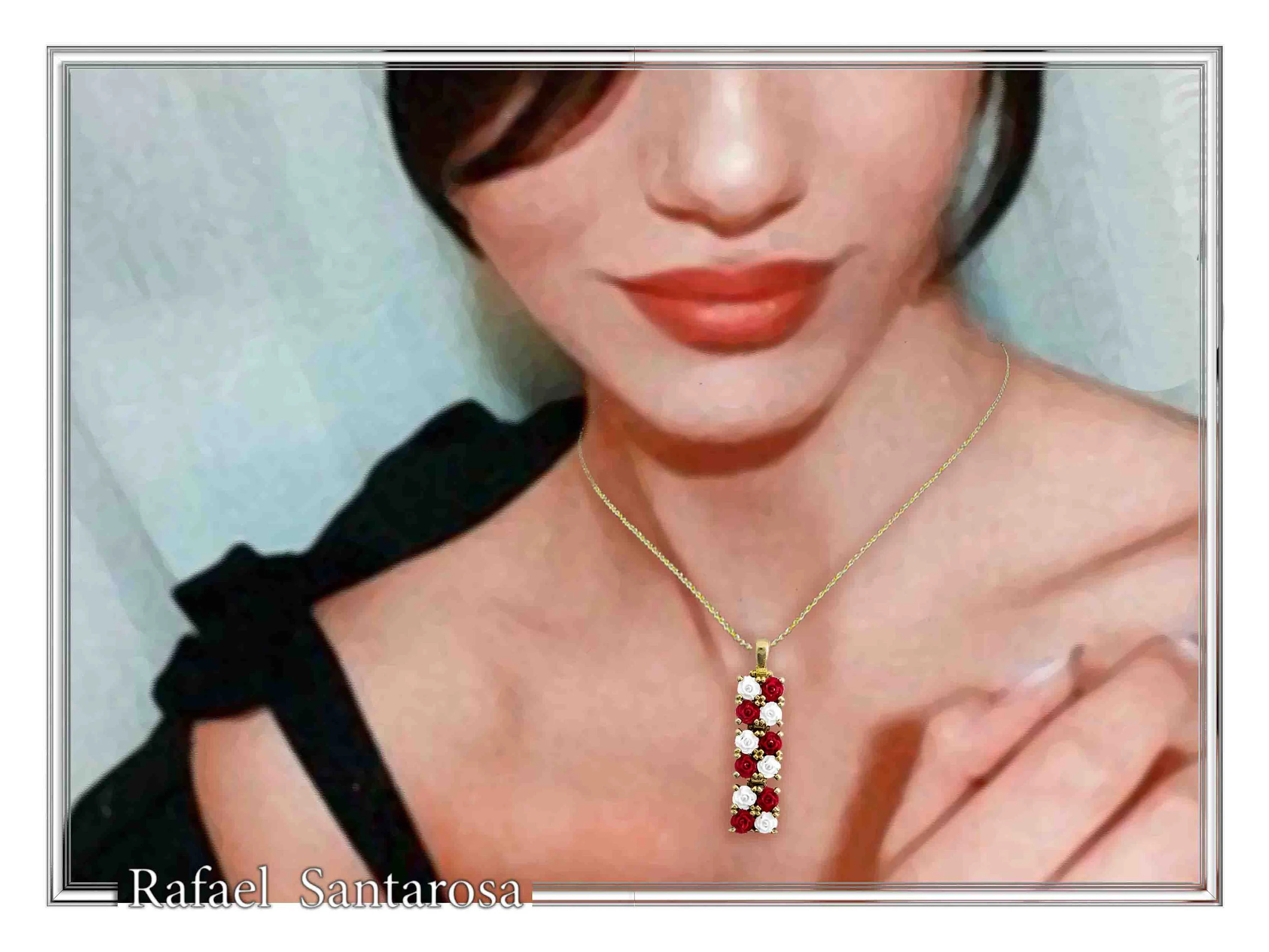 Handmade Rose Flowers Gems Pave Pendant: 18 K Gold-Filled Sterling Silver Beaded Floral Necklace — additional product image 2 from Rafael Santarosa Fine Jewelry