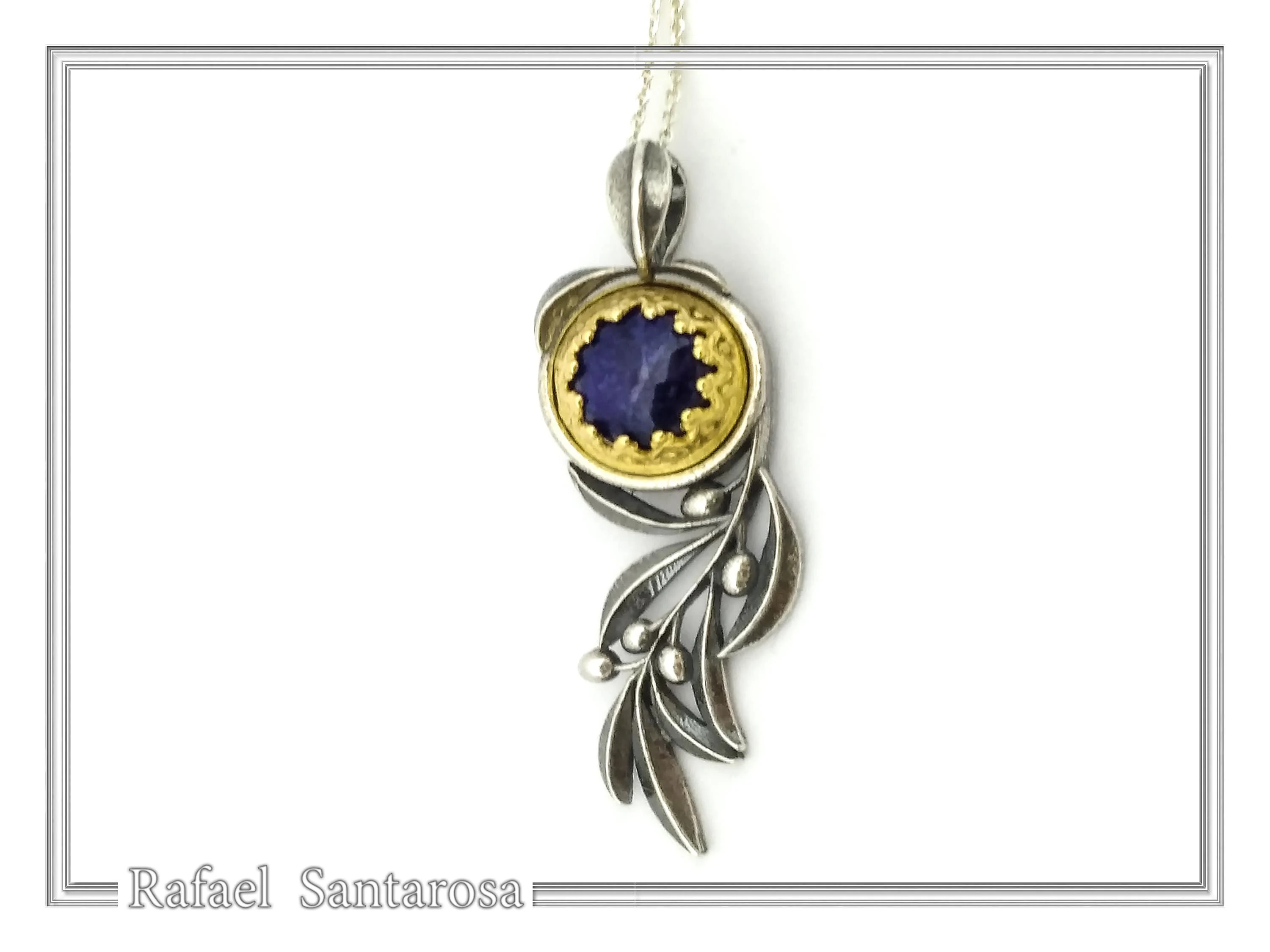 Natural Lapis Olive Leaf Pendant Floral Necklace: Oxidized Sterling Silver 18K Gold Filled Bezel — additional product image 5 from Rafael Santarosa Fine Jewelry