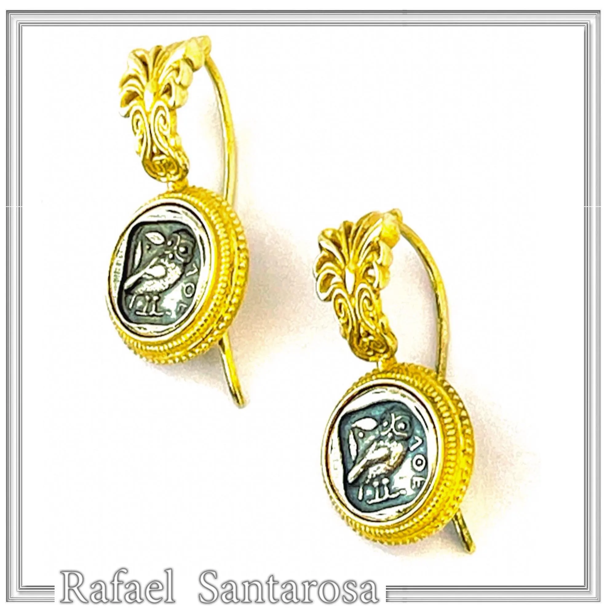 Athena Owl Coin Tetradrachm Antefix Earrings: Oxidised & 18K Gold-Filled Sterling Silver, Museum Replica