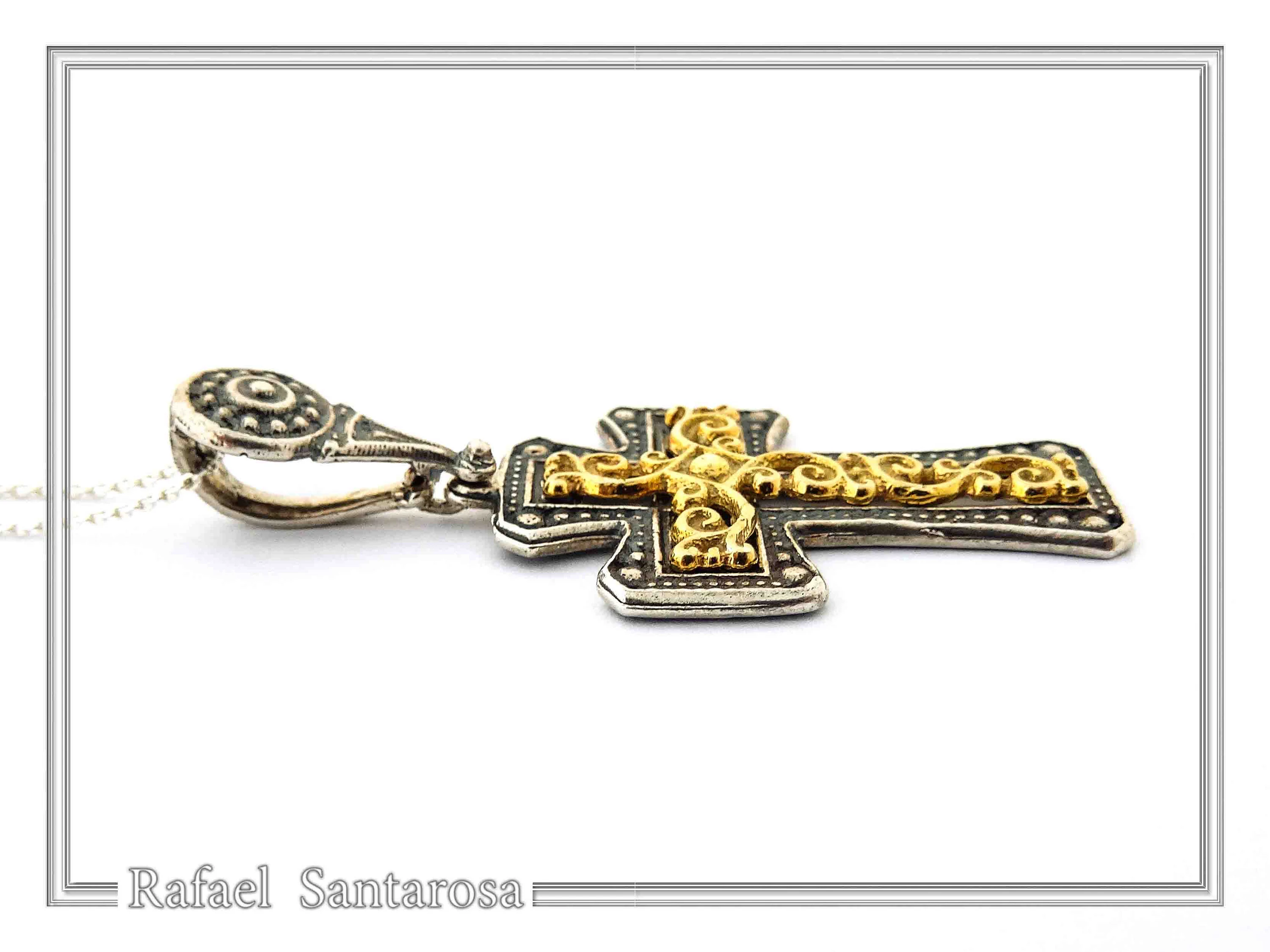 Byzantine Cross Necklace: 18k Gold Filled Filigree Silver Decoration on Oxidized Sterling Silver base — additional product image 5 from Rafael Santarosa Fine Jewelry
