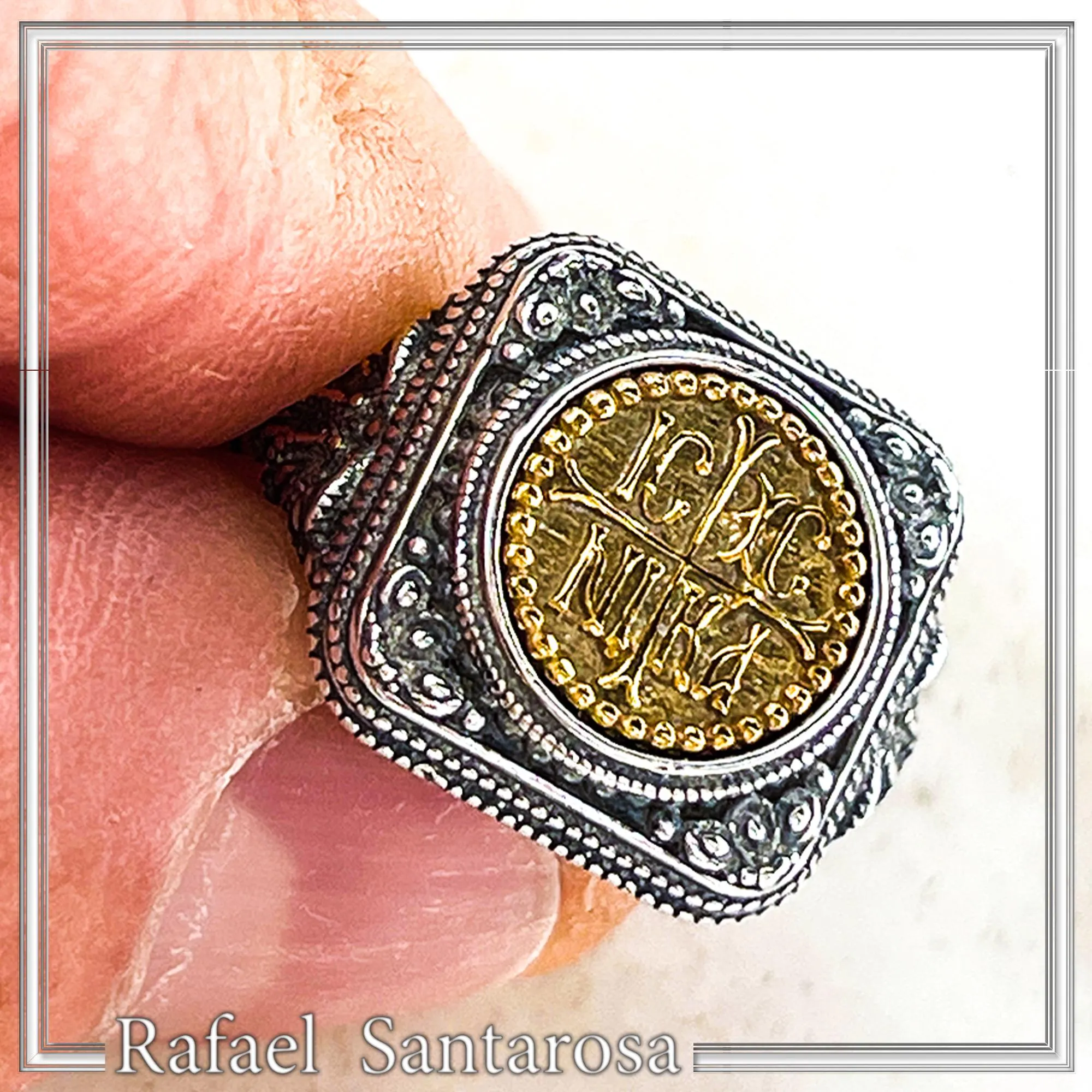 18K Sold Gold Jesus Victorious ICXC NIKA Ring: Oxidized Sterling Silver Byzantine Talisman — additional product image 9 from Rafael Santarosa Fine Jewelry