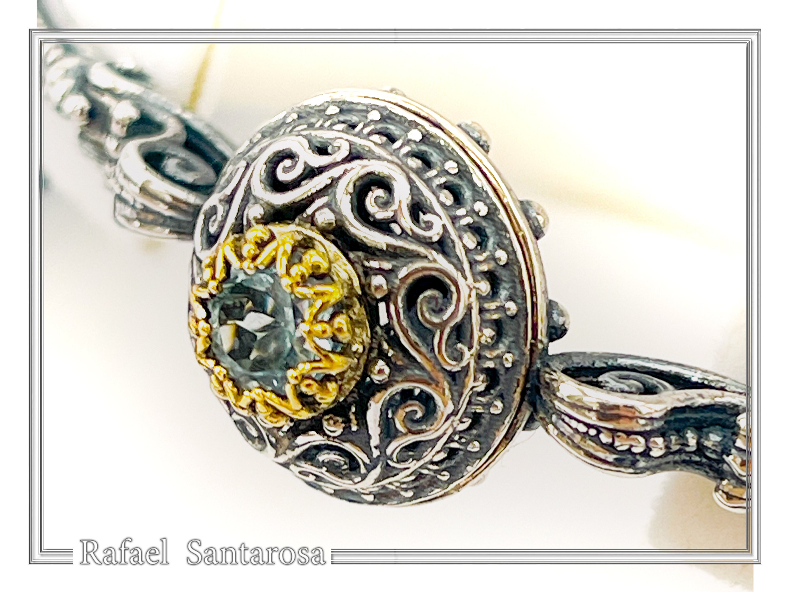Natural Sky-Blue Topaz Byzantine Bracelet: Oxidised Sterling Silver with 18K Gold Filled Filigree Bezel — additional product image 5 from Rafael Santarosa Fine Jewelry