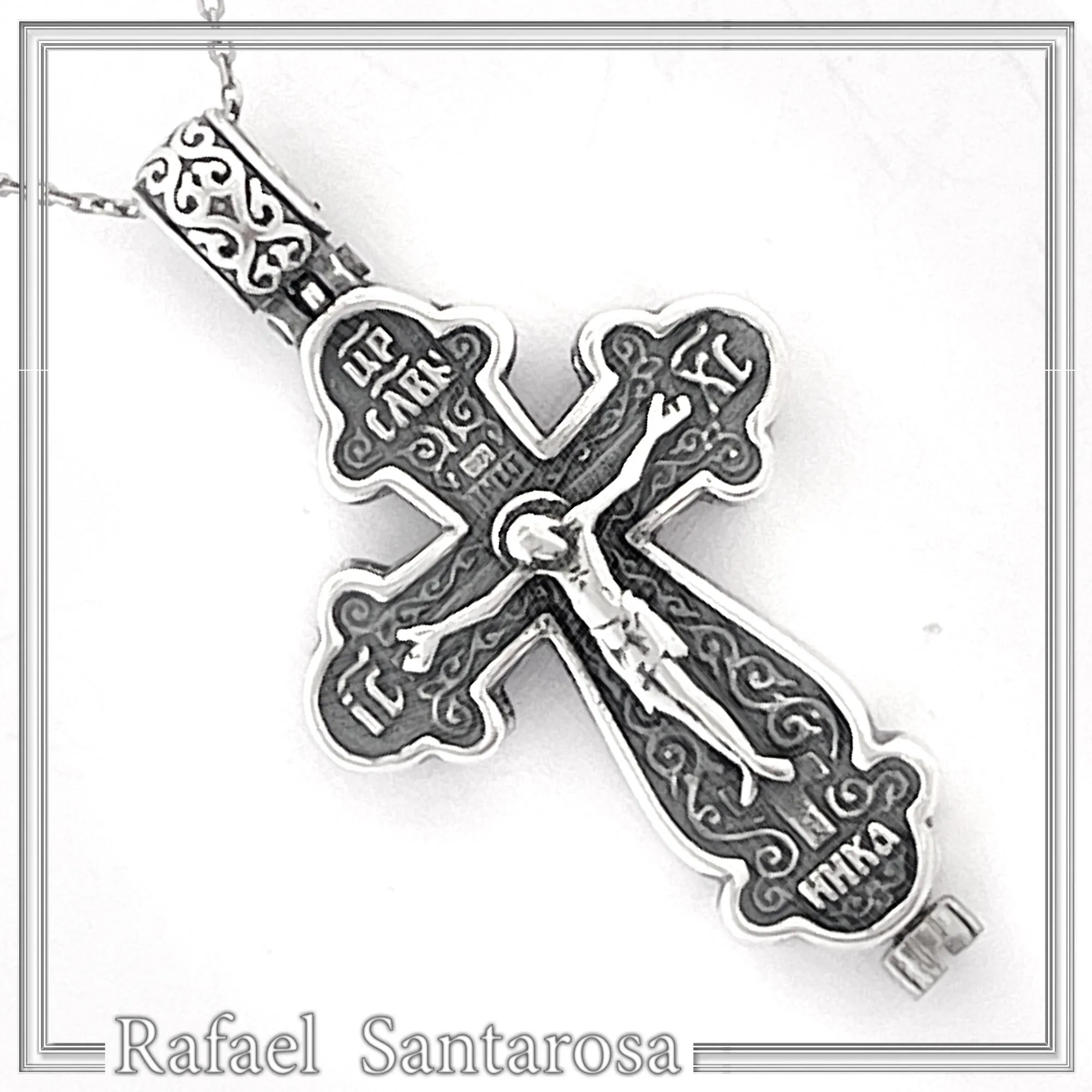 Byzantine Cyrillic Prayer Cross Locket Necklace: Russian Type Sterling Silver Reliquary Cross Pendant — additional product image 4 from Rafael Santarosa Fine Jewelry